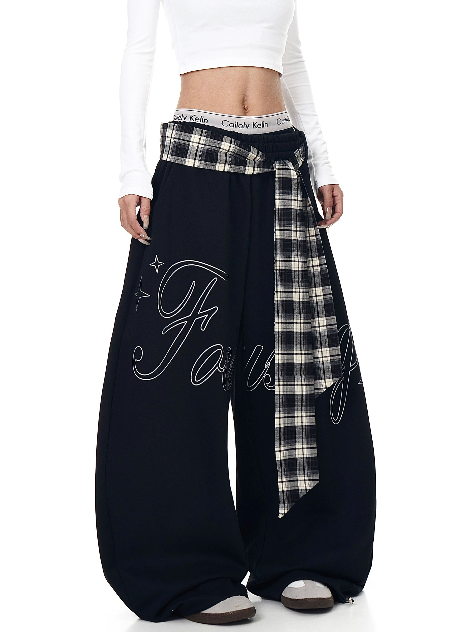 Plaid Lace-Up Letter Print Curved Sweatpants