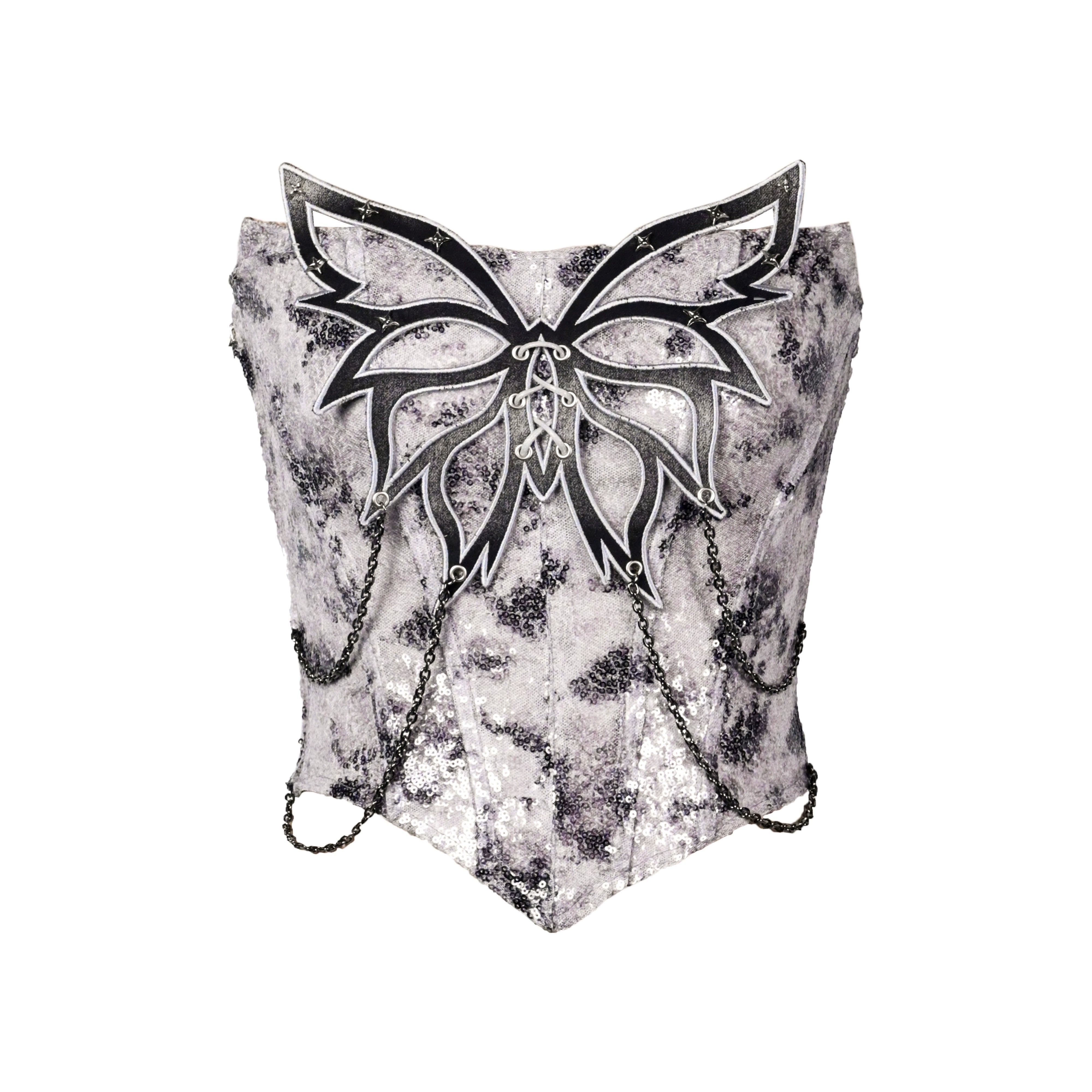 Sanhoostudio Sequin Chain Fishbone Bustier crafted from 100% polyester features Y3K punk style with 3D butterfly chain details and sparkling sequins. Ideal for streetwear, festival looks, and summer fashion.