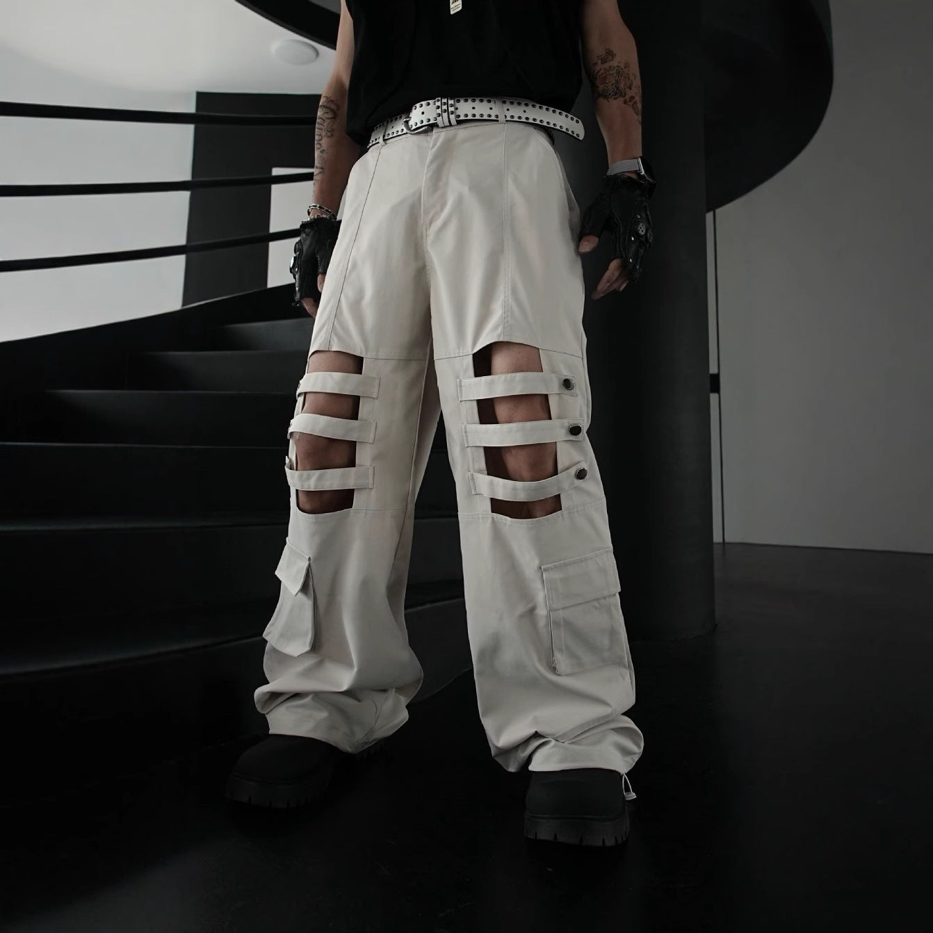 Dark Strap-Studded Punk Straight Cargo Pants