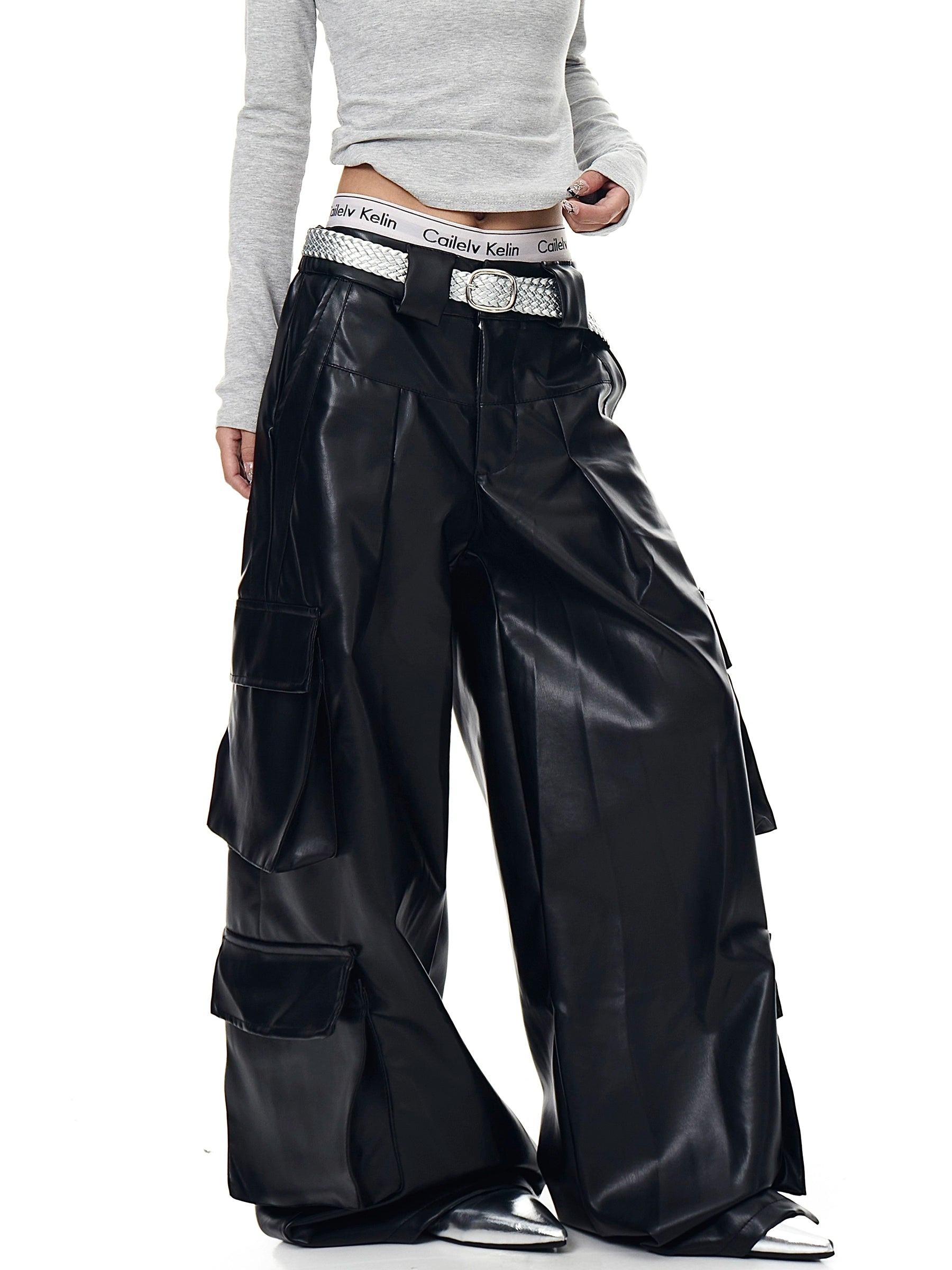 Tech-Utility Fleece-Lined Multi-Pocket Wide-Leg Leather Cargo Pants
