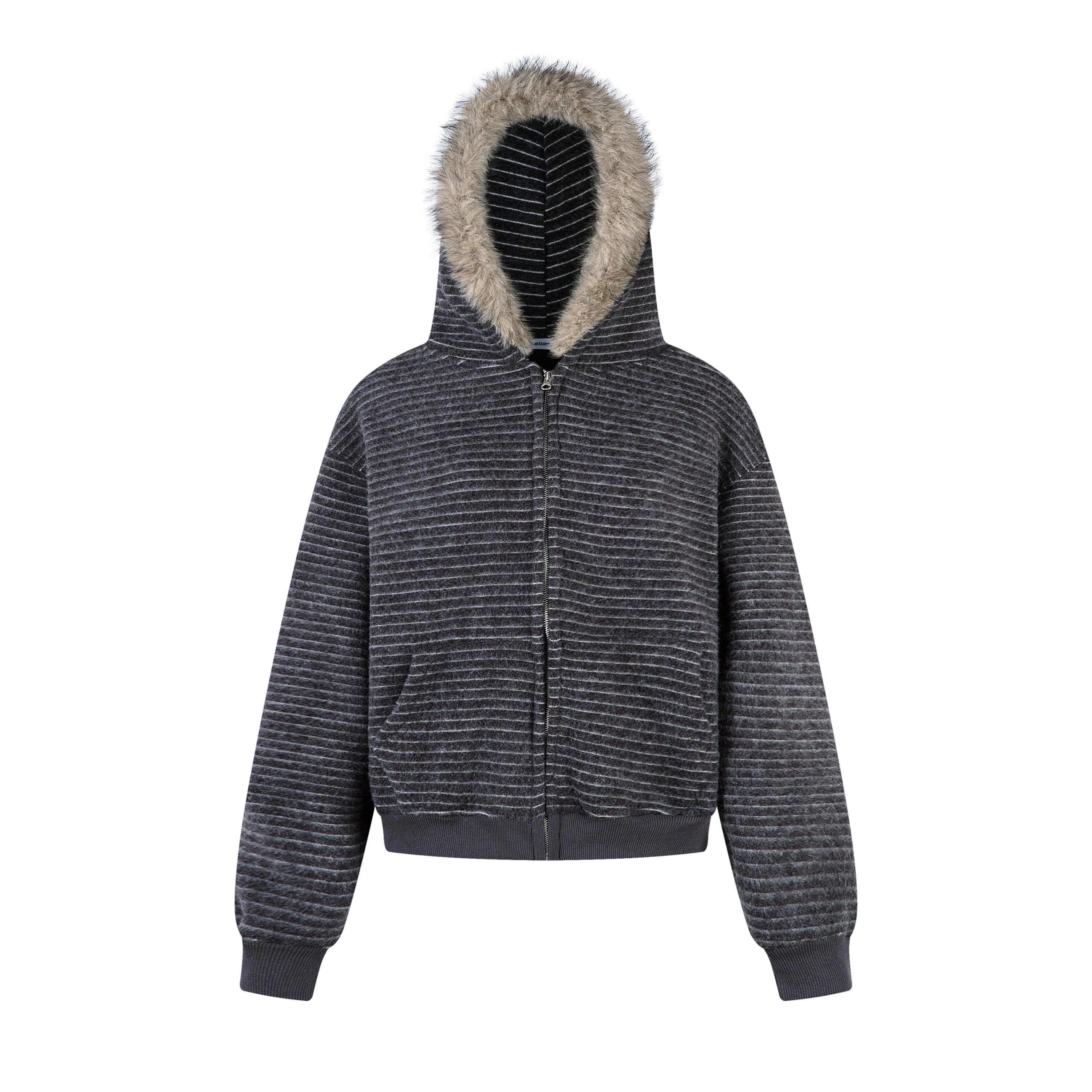 Striped Fur-Trim Fleece Zip Hoodie Jacket