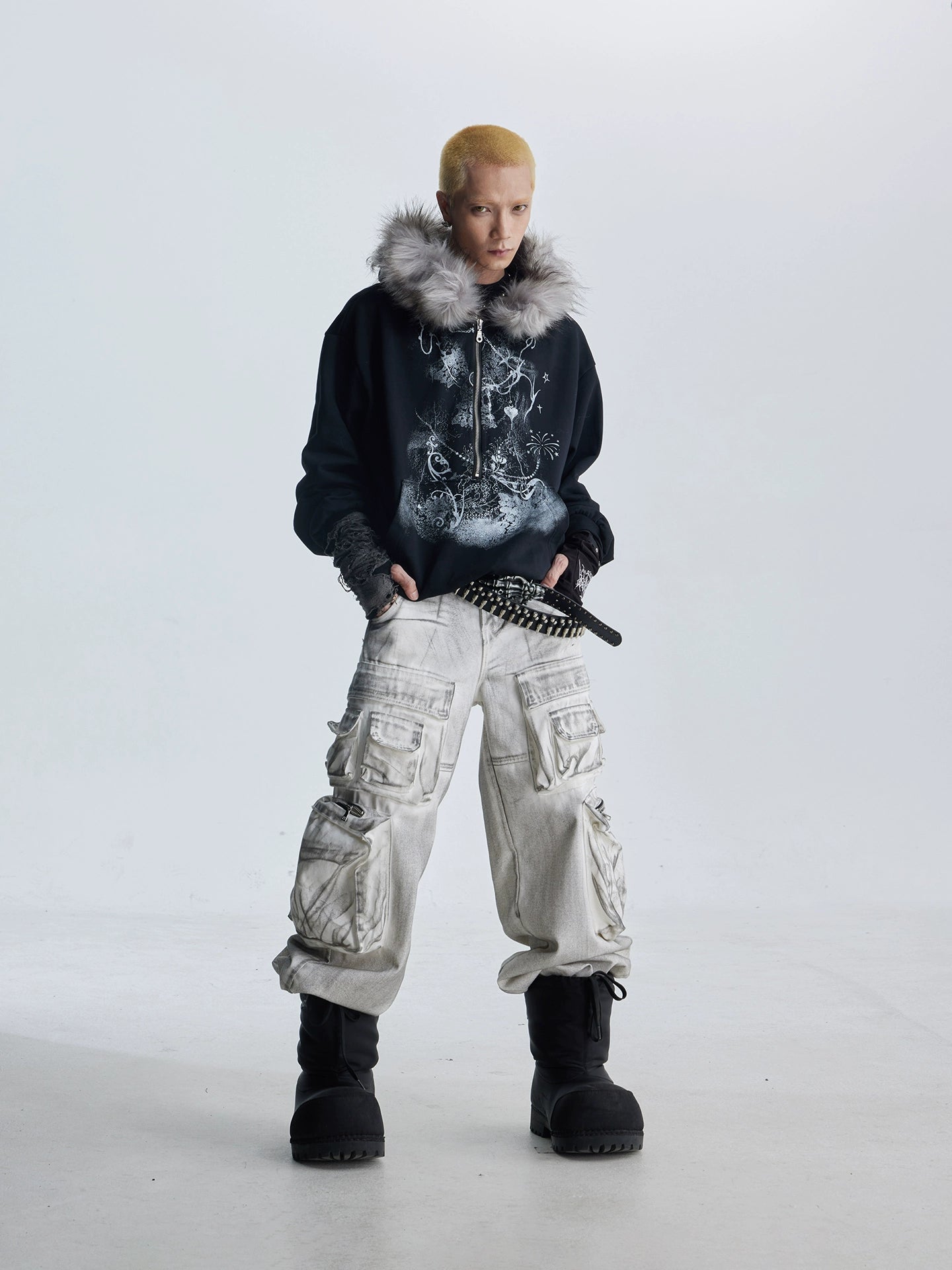 Y2K Furry Half-Zip Hoodie with Printed Details