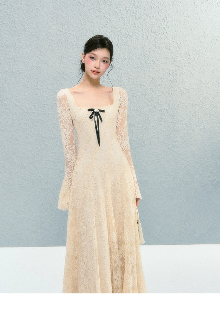 Sanhoostudio presents the Lace Bow Long Sleeve Dress, a charming piece with lace and bow accents, perfect for birthdays and autumn gatherings.