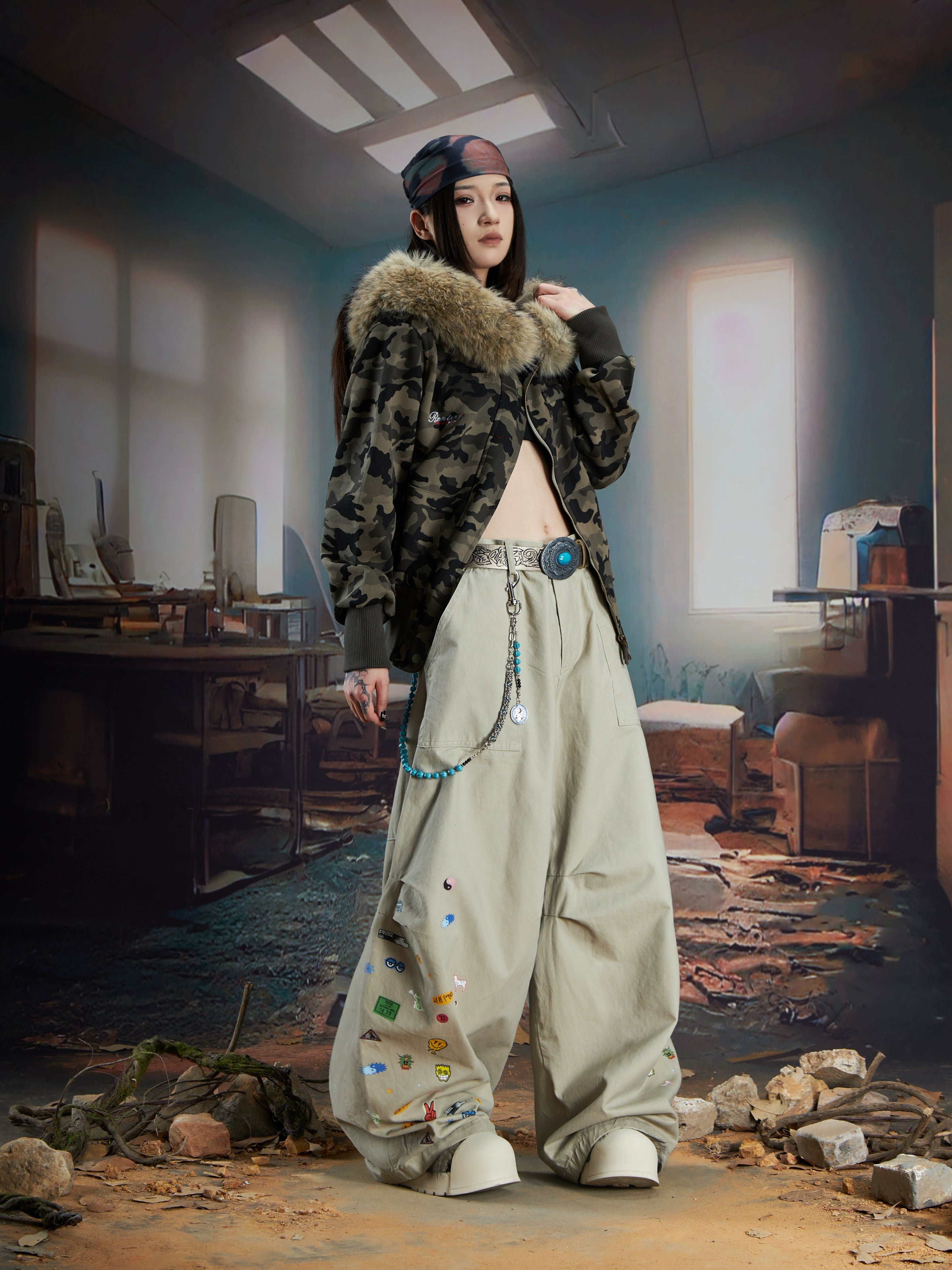 Furry Hooded Camo Short Jacket with Ribbed Hem