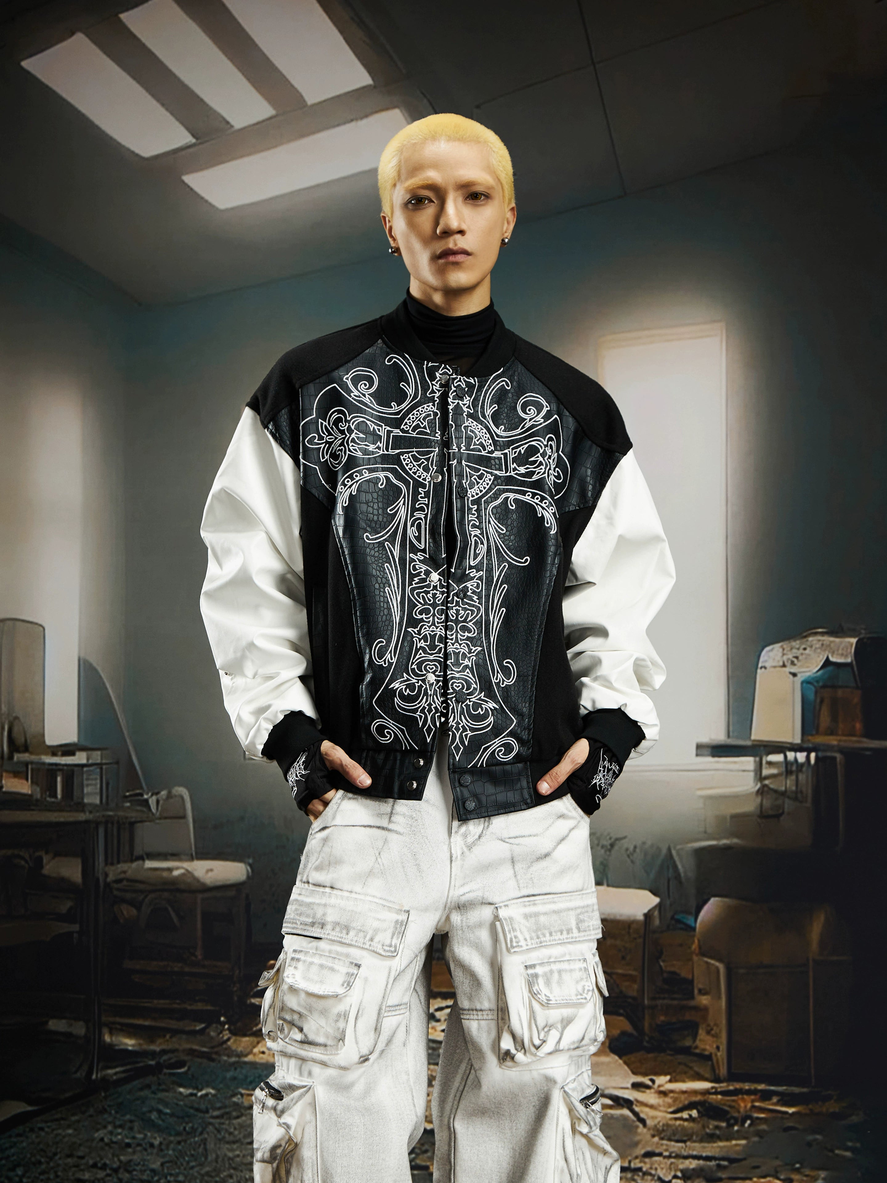 Snake-Pattern PU Deconstructed Varsity Jacket