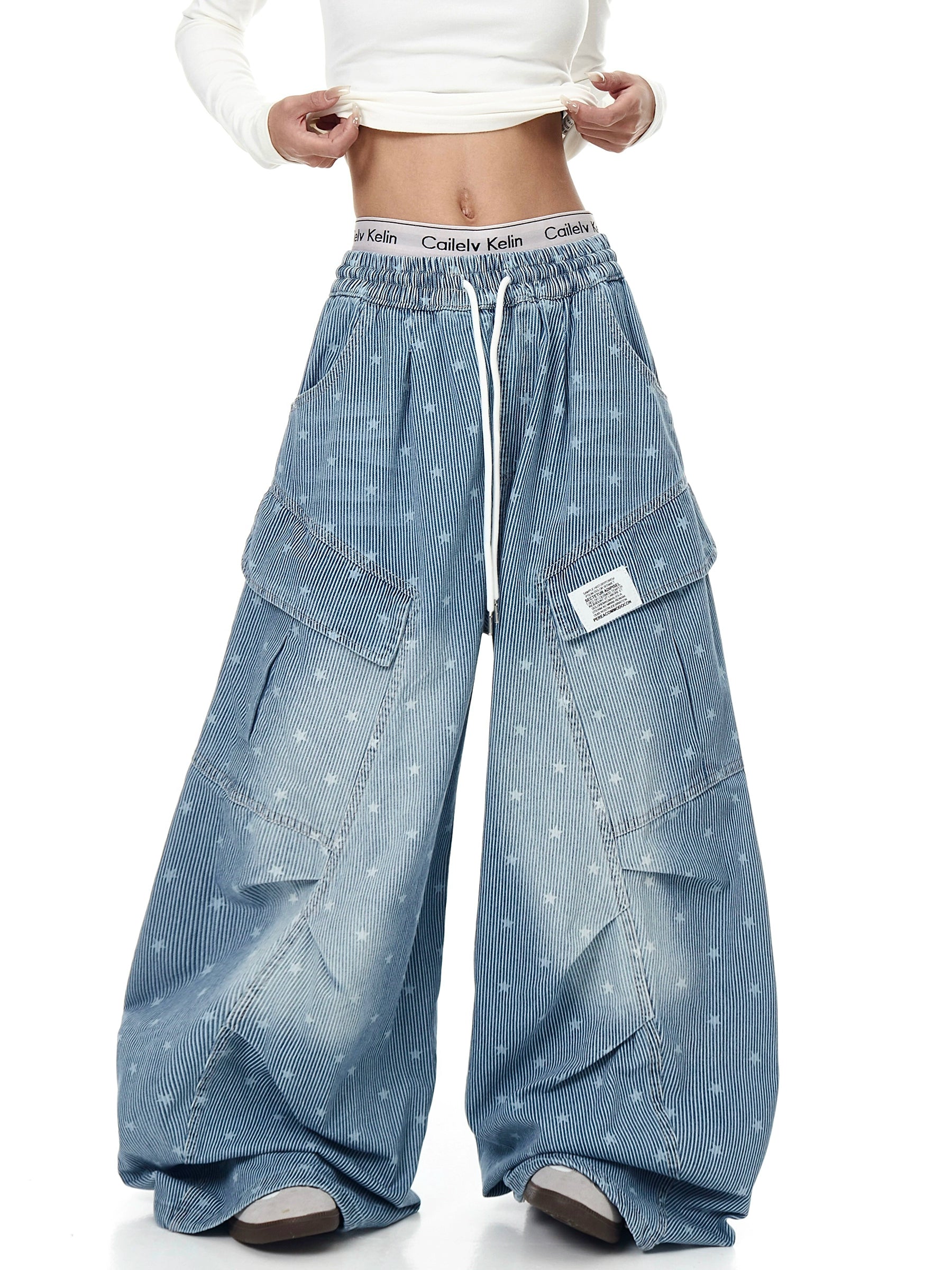 Vintage Star Print Striped Denim Pants