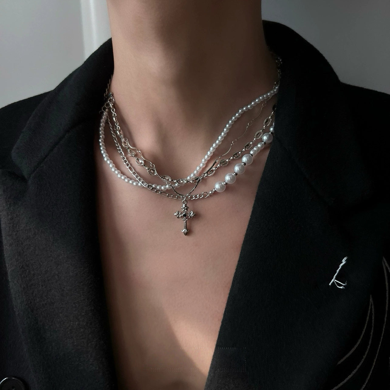 California Cross Pearl Multi-Layer Necklace