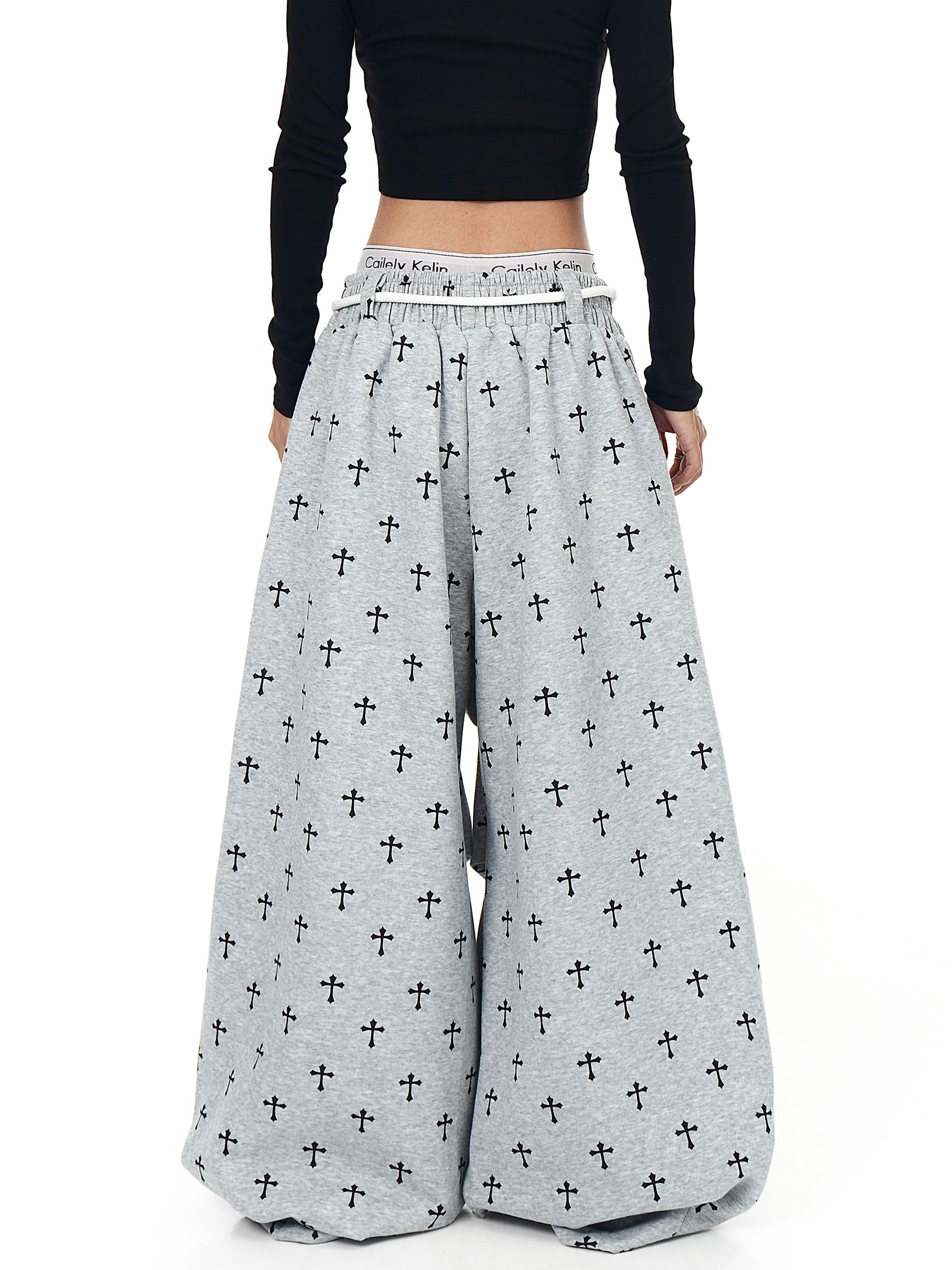 Gothic Cross Print Pleated Street Sweatpants
