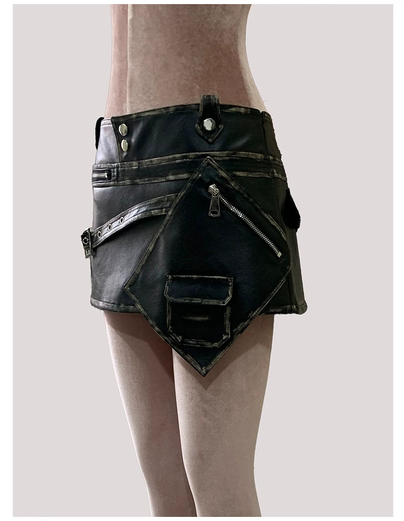 Sanhoostudio Distressed Asymmetric PU Leather Mini Skirt