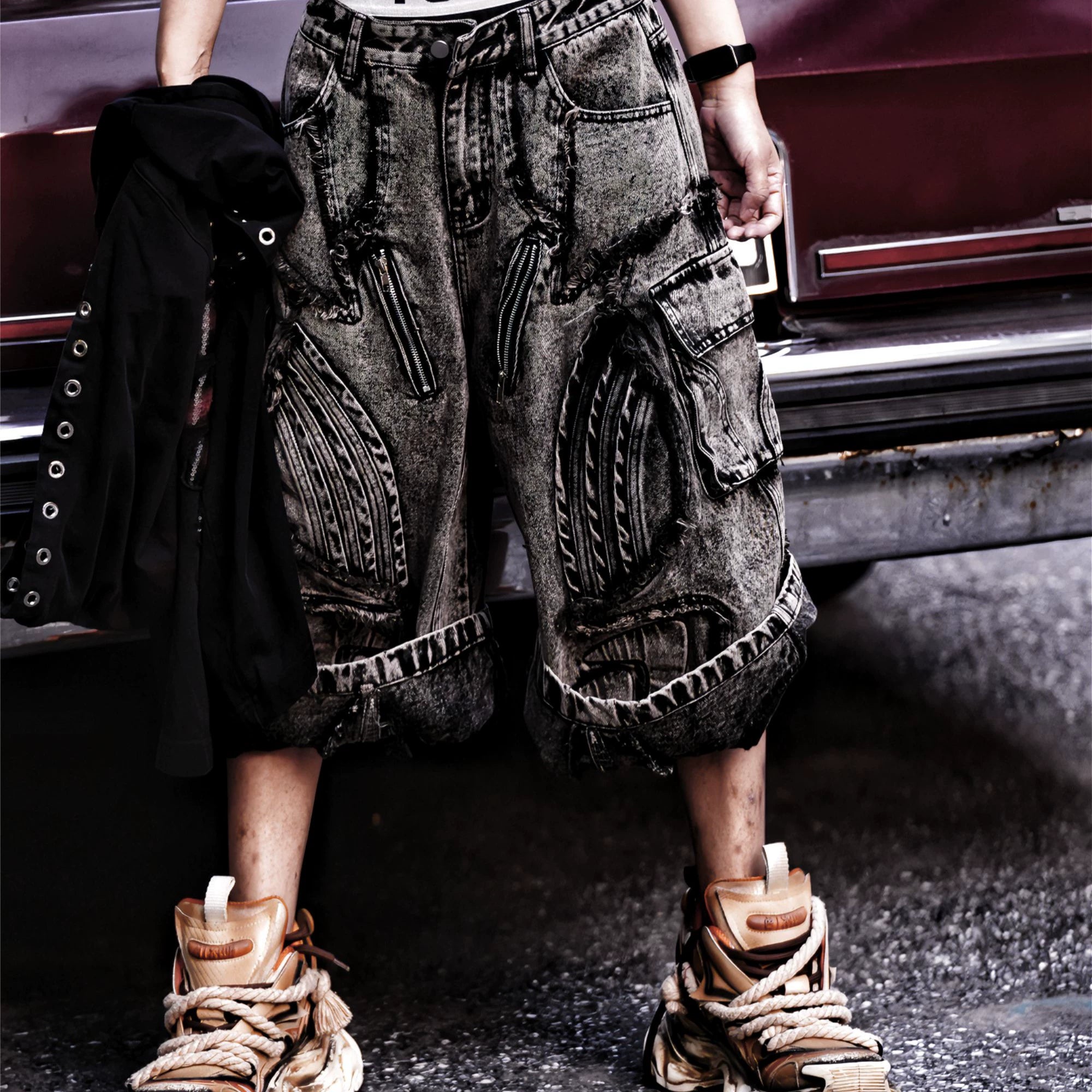 Heavy Embroidered Washed Patchwork Denim Pants