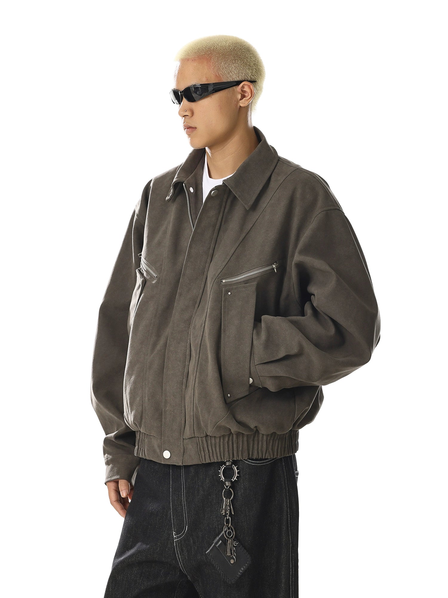 Vintage Leather Utility Jacket with Multi-Pocket Streetwear Style