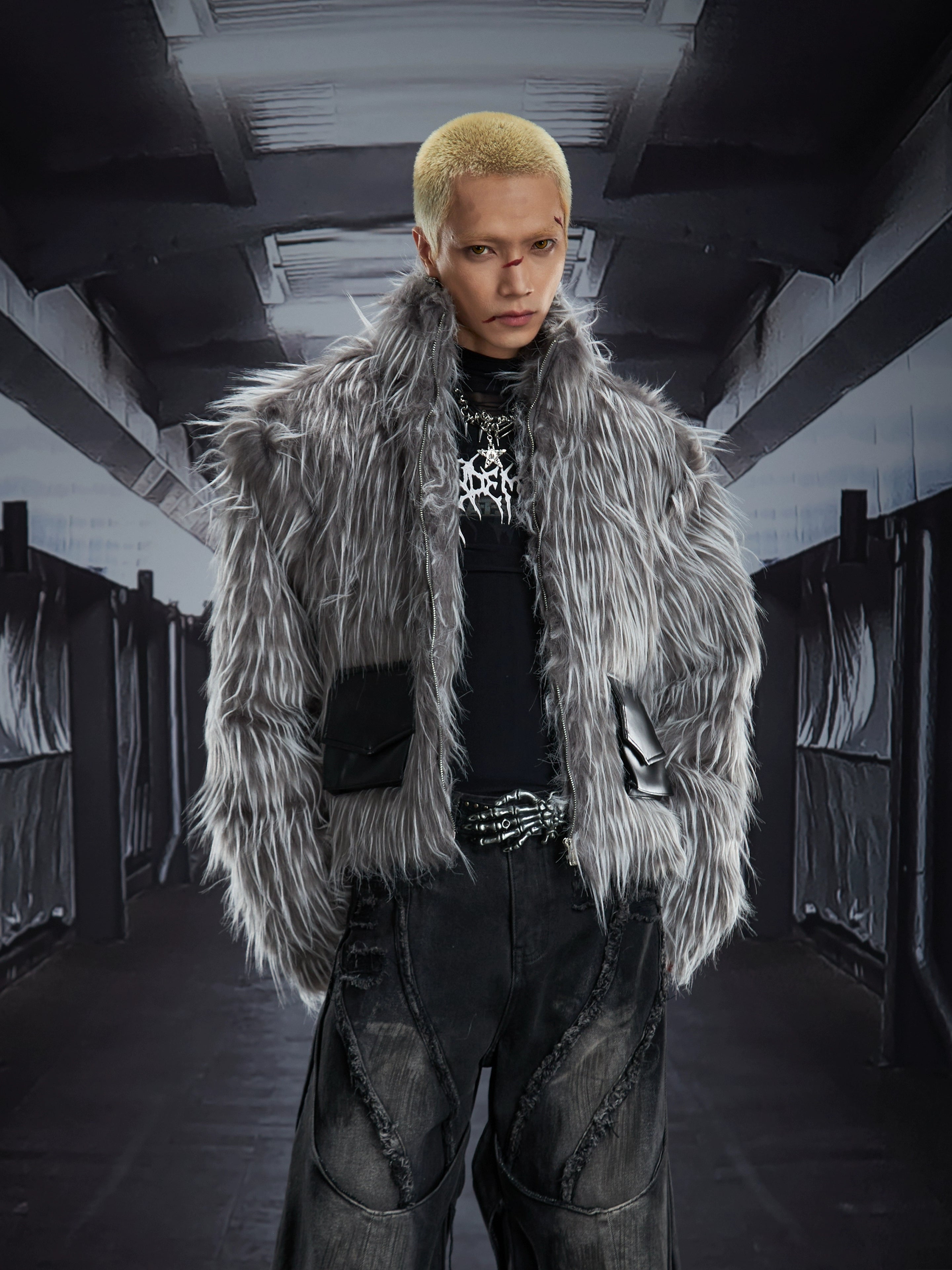 A dark Y2K fuzzy cropped jacket with a plush long-hair texture and premium street aesthetic. Designed by Sanhoostudio for bold, fashion-forward autumn and winter looks.