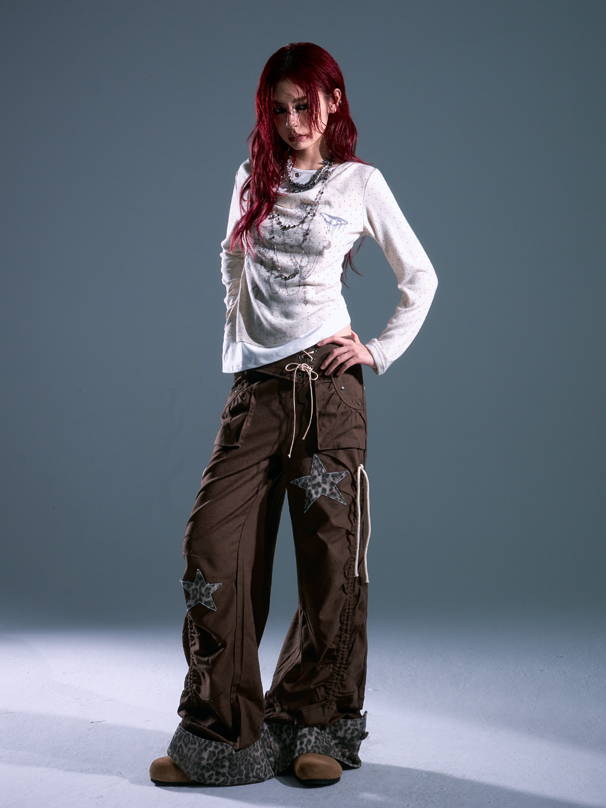 Y2K Leopard Star Drawstring Wide Leg Pants