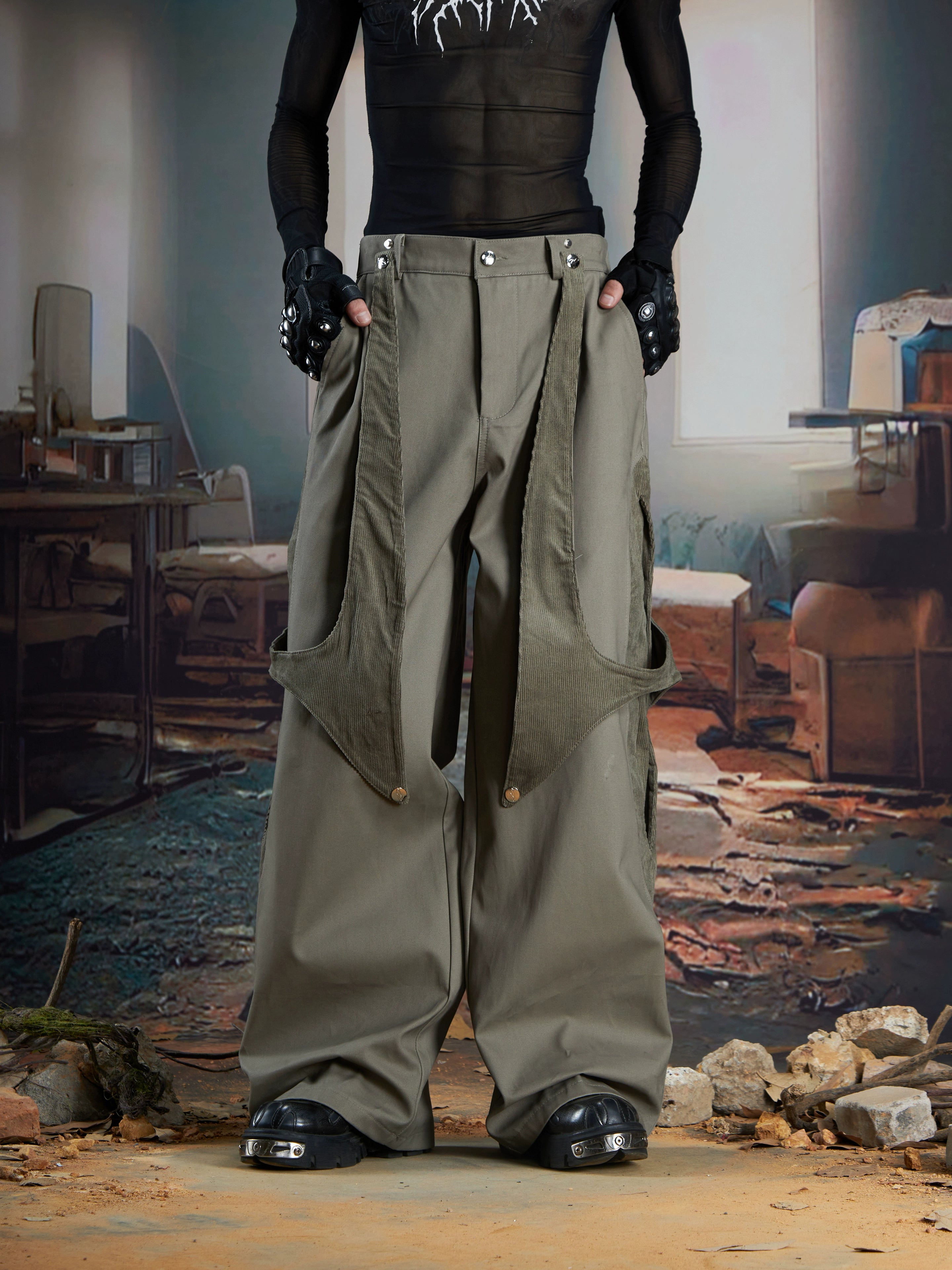 Detachable Panel Corduroy Straight-Leg Pants Two-Way Wear