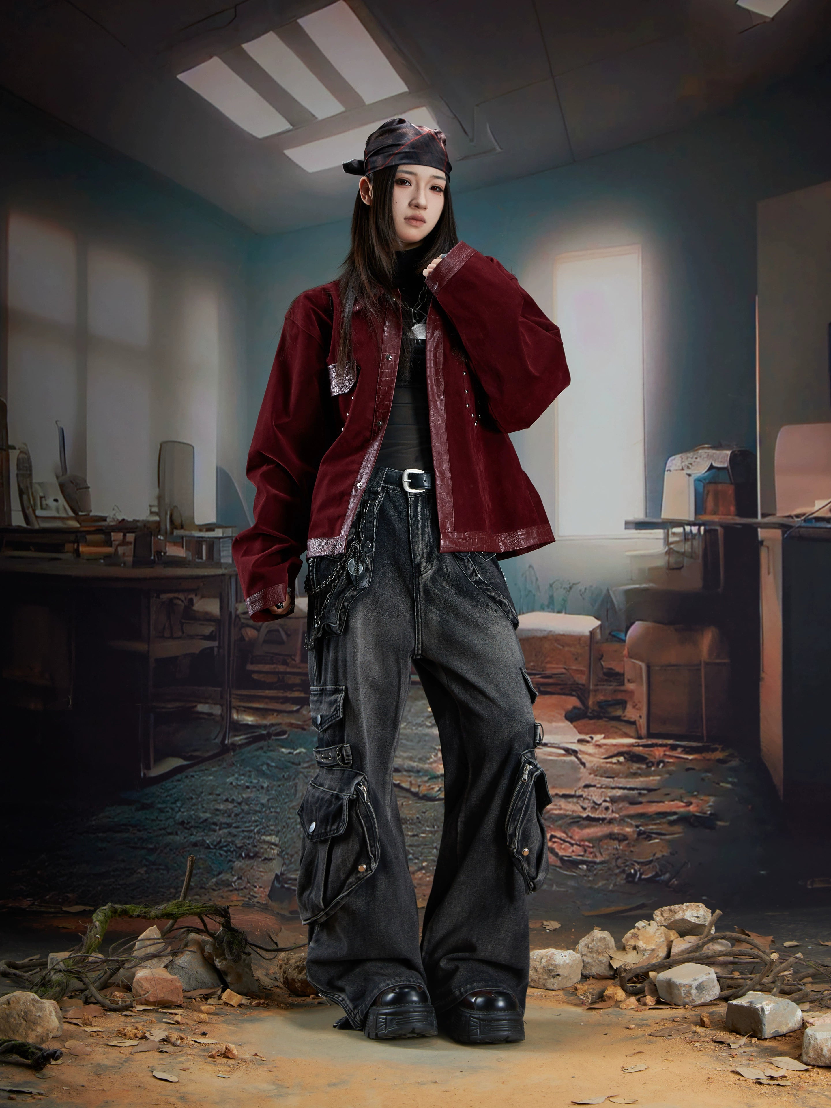 3D Utility Multi-Pocket Washed Deconstructed Cargo Jeans