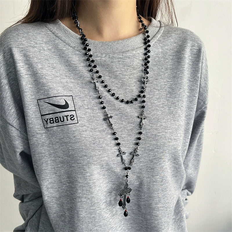 Gothic Black Cross Beaded Long Necklace