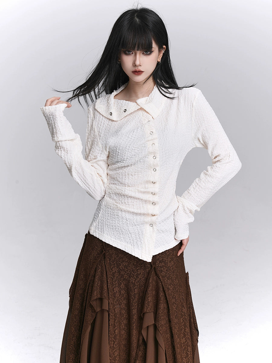 Shop Sanhoostudio’s textured early autumn irregular shirt with unique details for a stylish streetwear look. Perfect for casual layering and chic daily outfits.