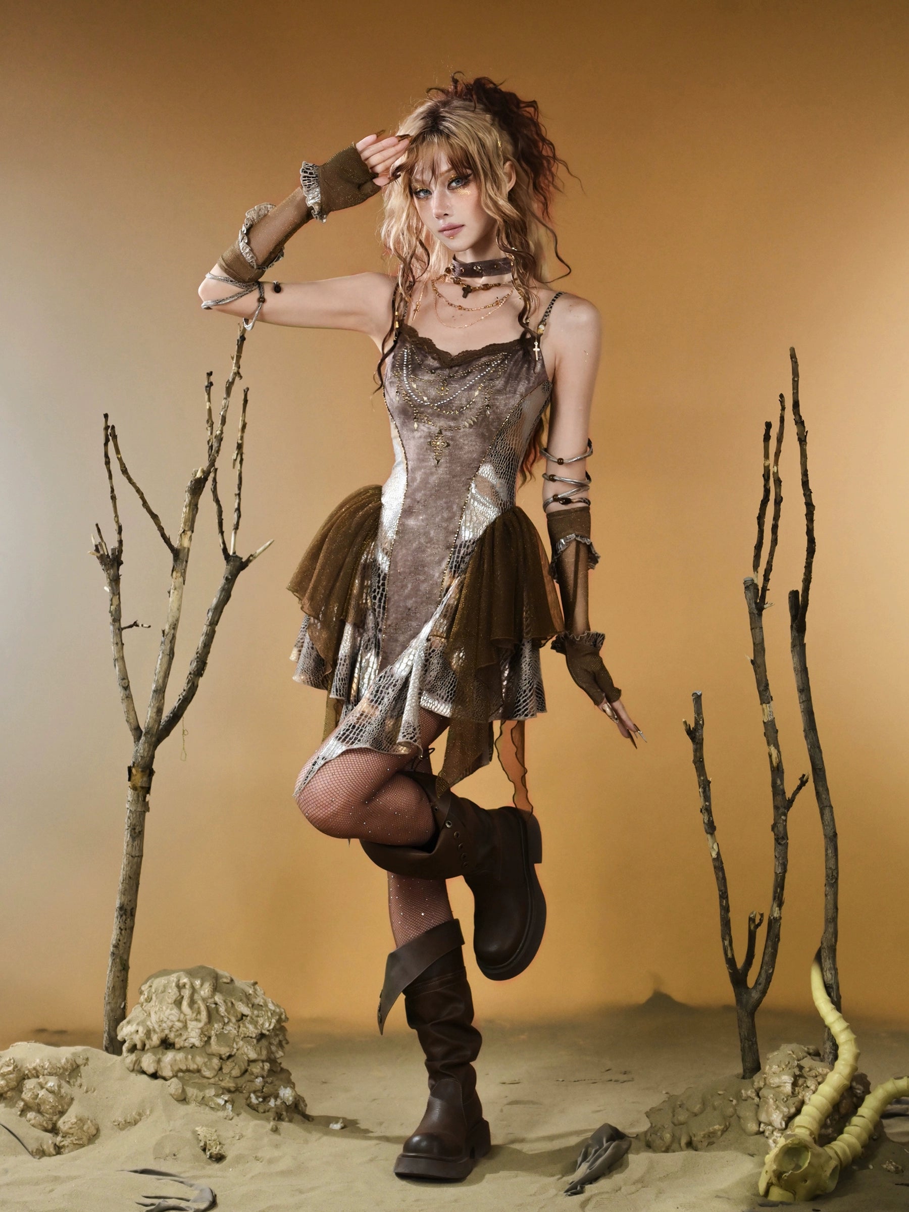 Sanhoostudio Rhinestone Snake Print Dress made from 100% polyester features retro punk style with sparkling rhinestone accents. Perfect for summer streetwear, casual outings, and festival fashion.