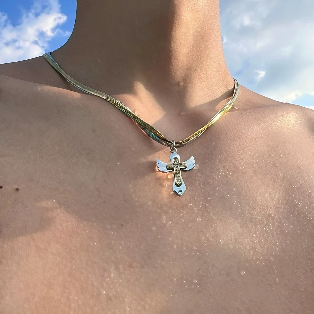 Gold-Plated Double Cross Titanium Necklace