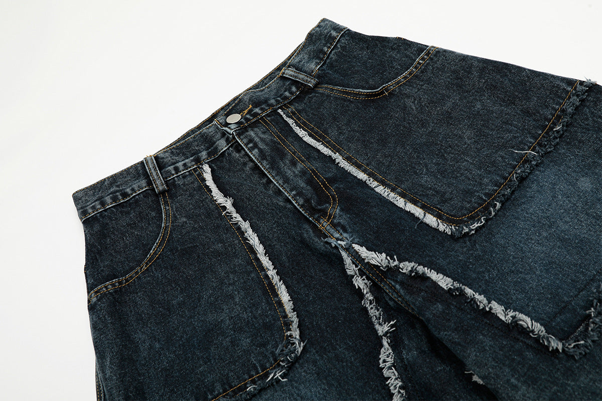 【25s Aug.】Vintage Star Embroidered Raw Hem Washed Jeans