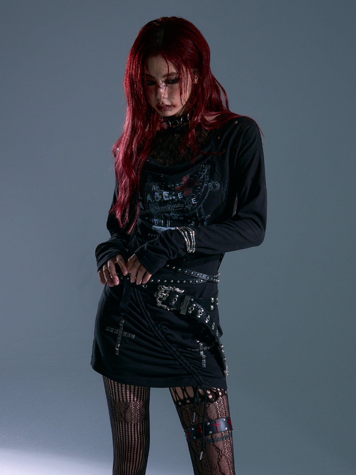Punk Rock Lace Hoodie Dress with Print