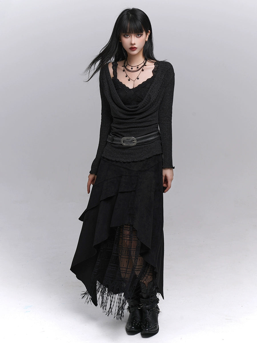 Brown Suede A-Line Maxi Skirt