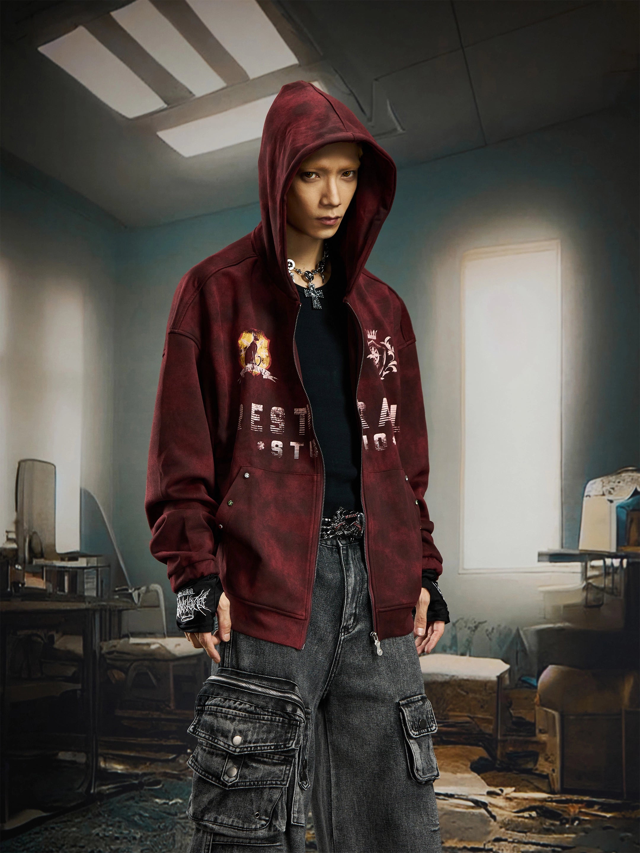 Tie-Dye Embroidered Badge Zip-Up Hoodie