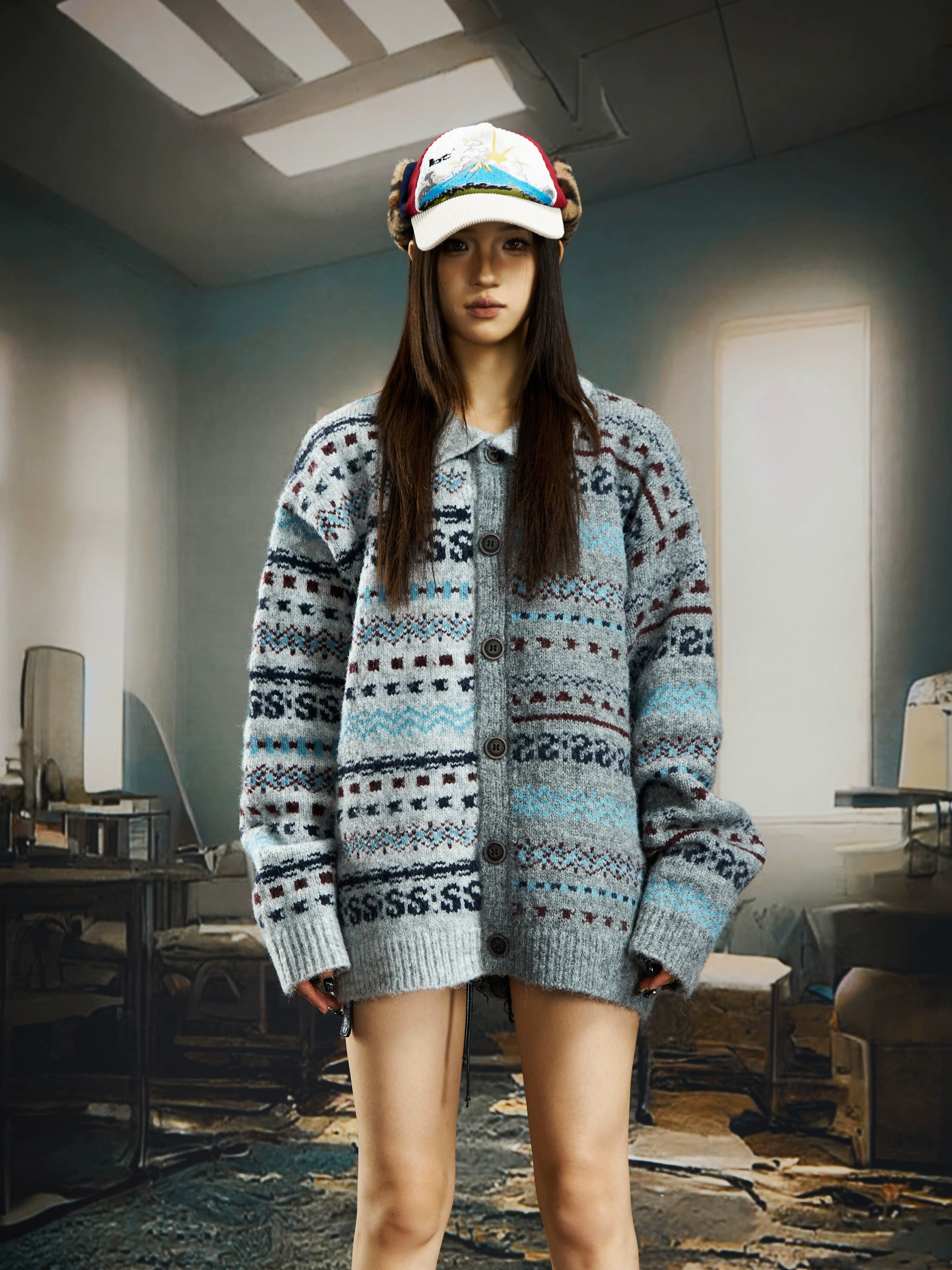 Retro Fair-Isle Color-Block Knit Cardigan with Oversized Fit