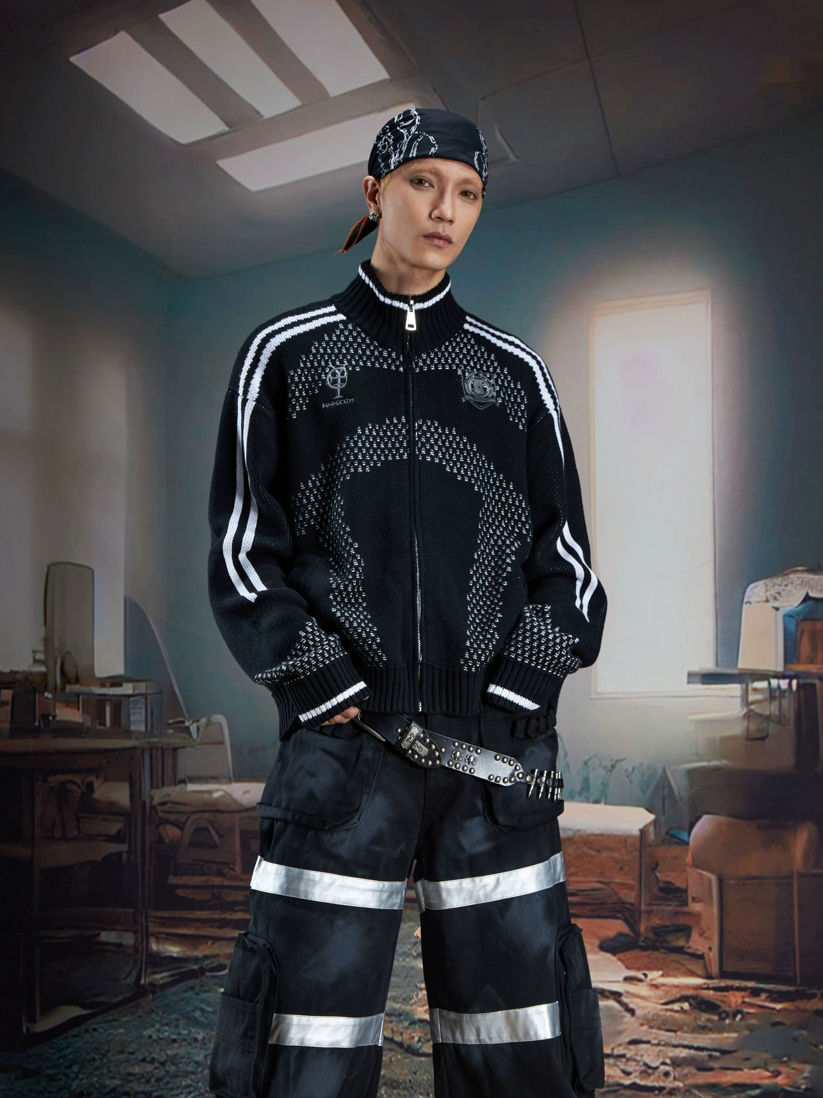 Add vintage sports style to your wardrobe with this retro knit cardigan sweater. Featuring colorblock details and a zip-up stand collar, it blends comfort with classic design. Shop knitwear at Sanhoostudio.