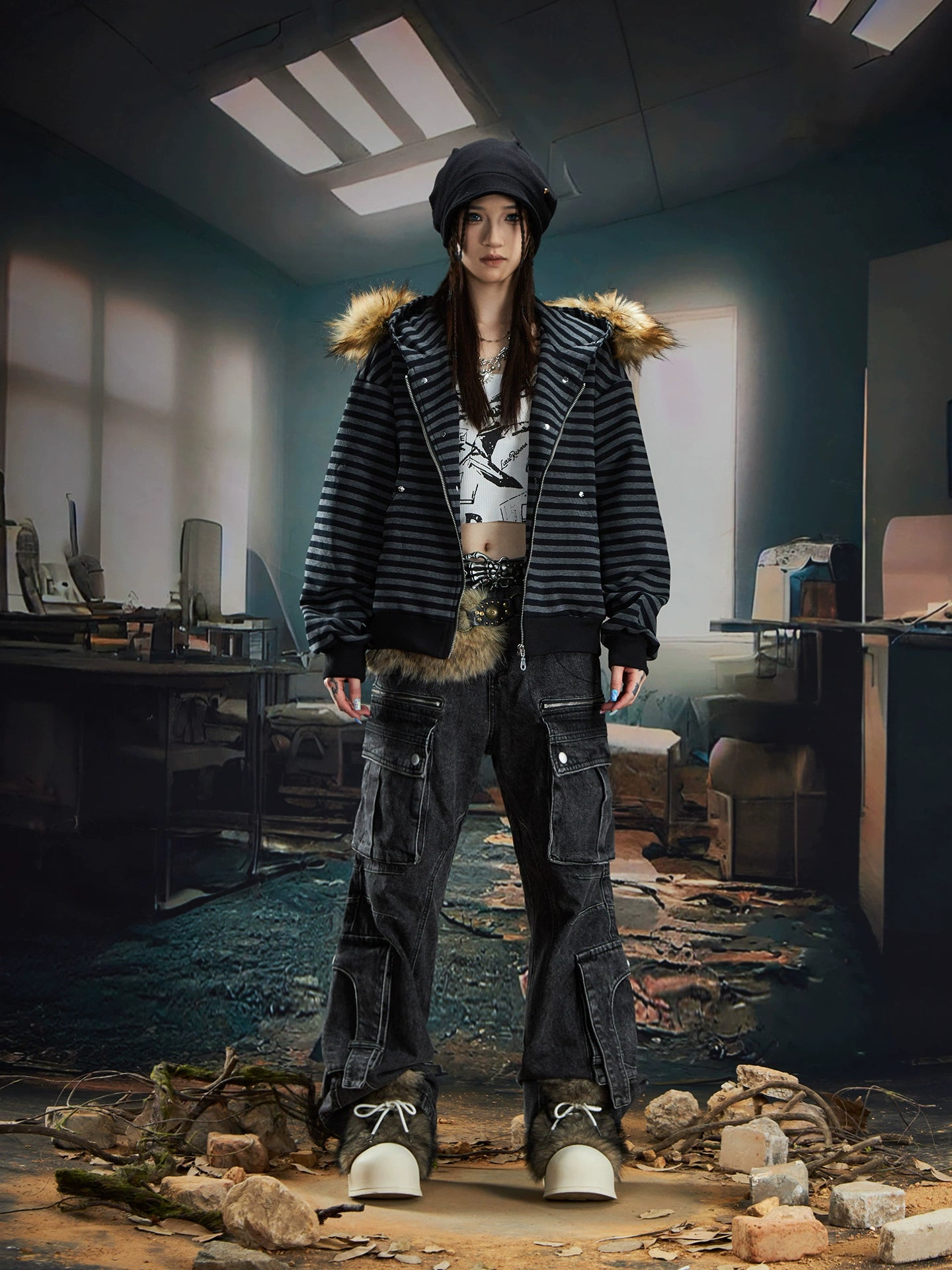 Y2K Furry Patchwork Zip Hoodie with Striped Design