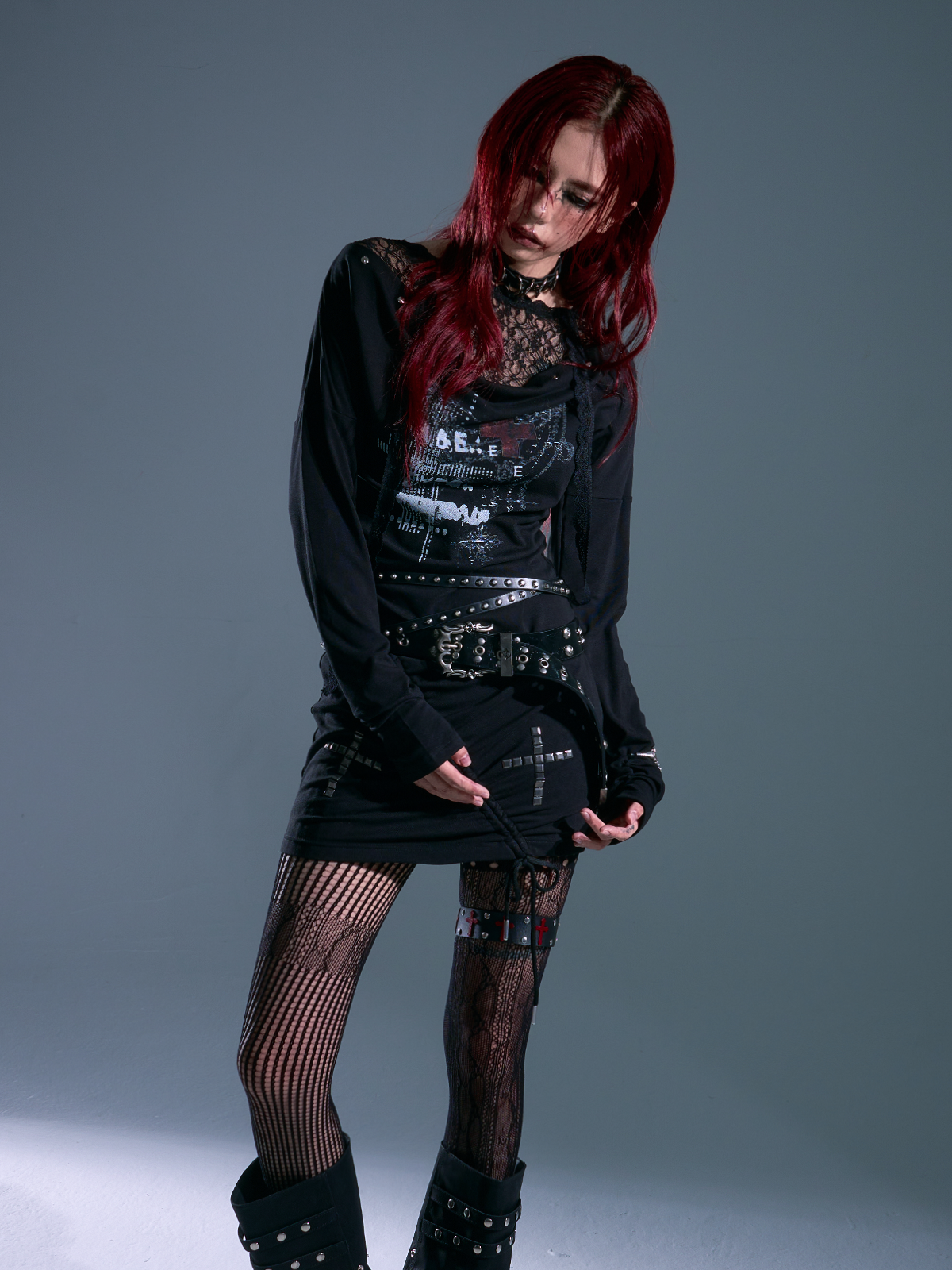 Punk Rock Lace Hoodie Dress with Print