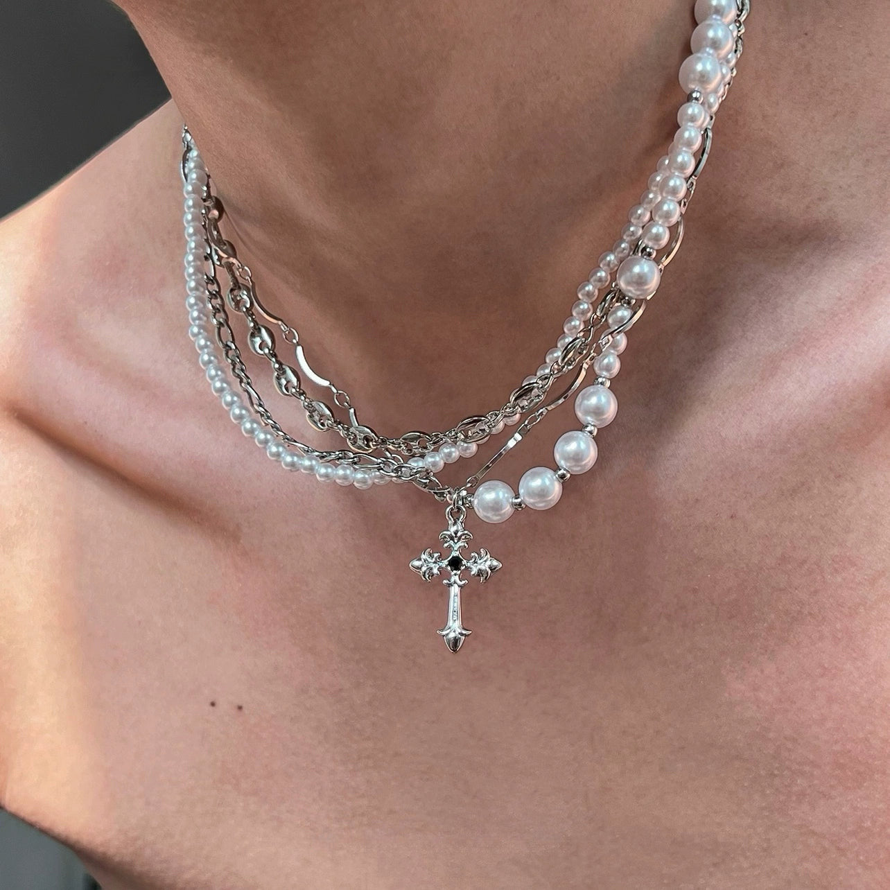 California Cross Pearl Multi-Layer Necklace