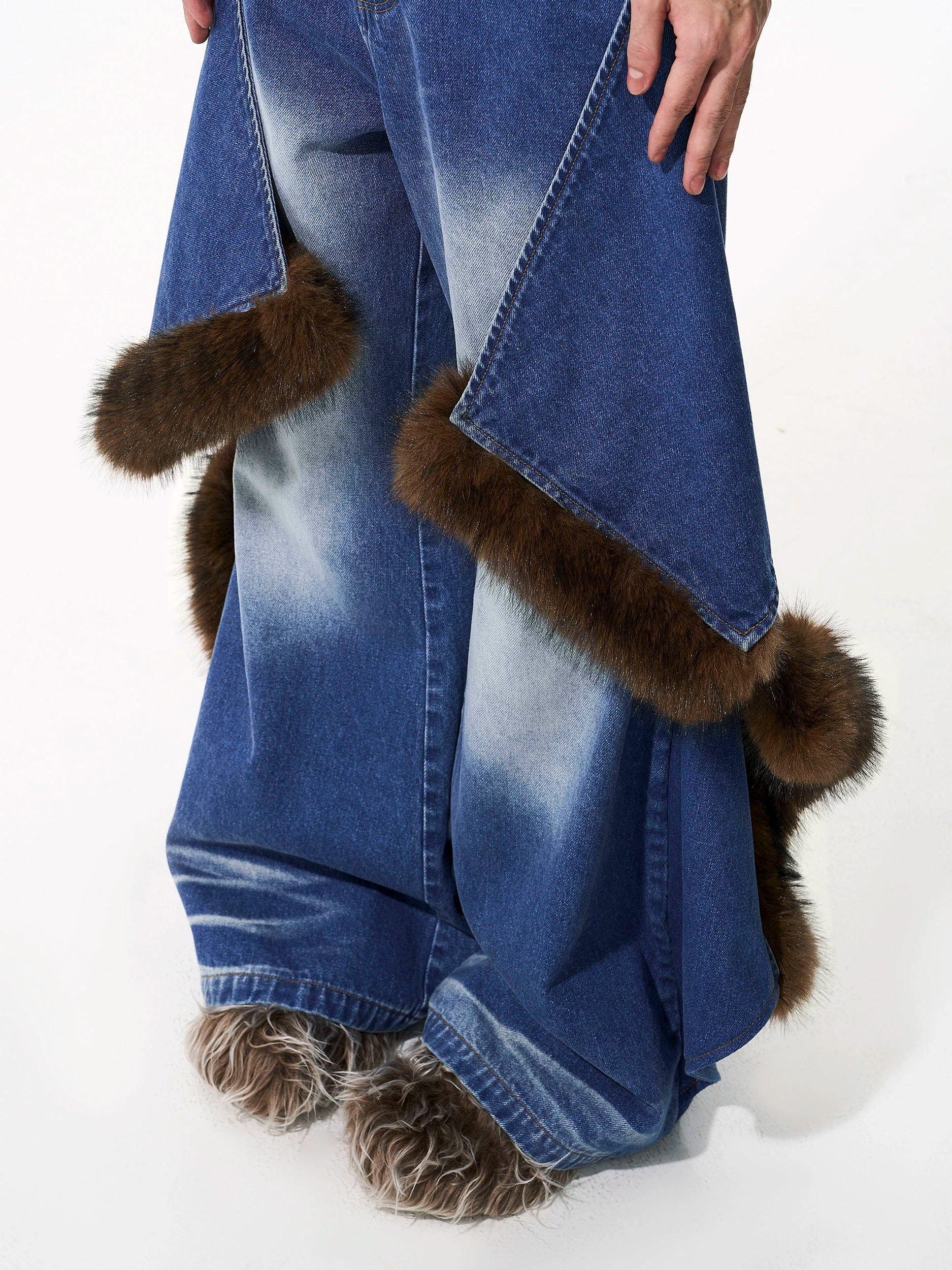 Vintage Faux Fur Patchwork Denim Pants Set