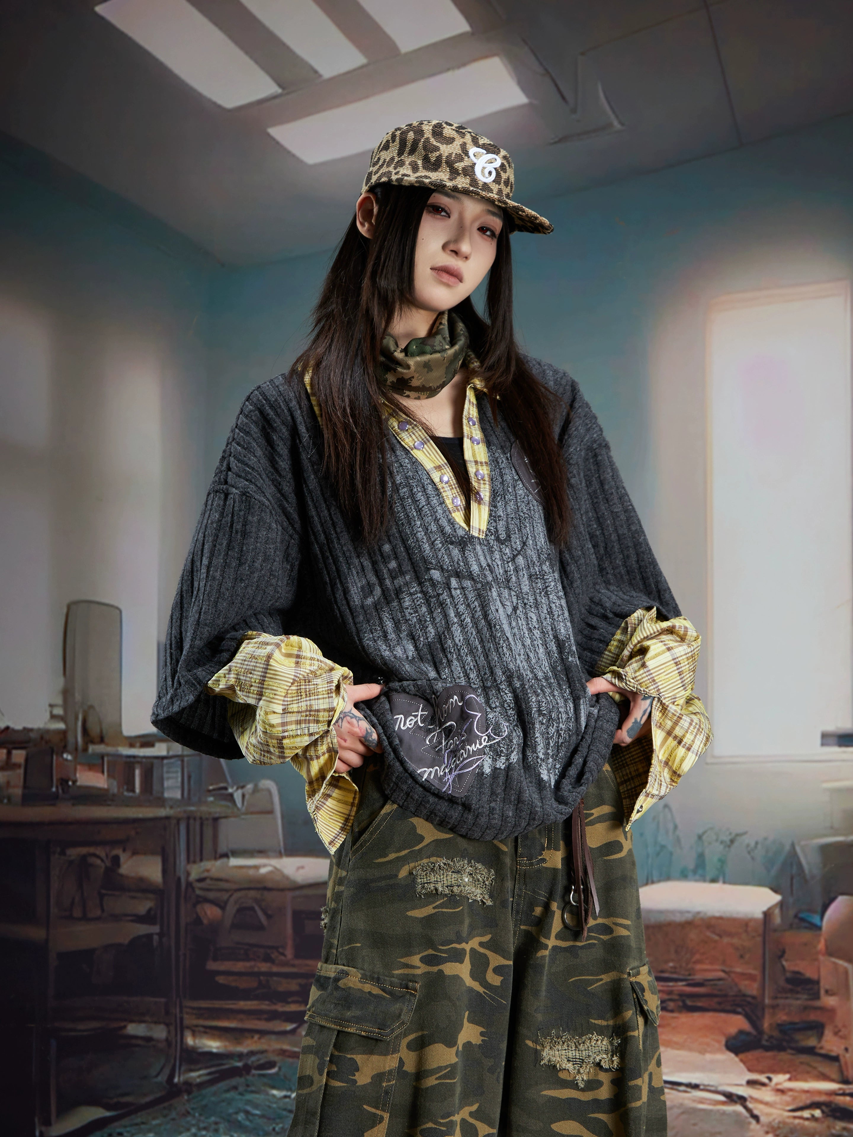 Layered V-Neck Long Sleeve Shirt-Collar Loose Fit Sweatshirt