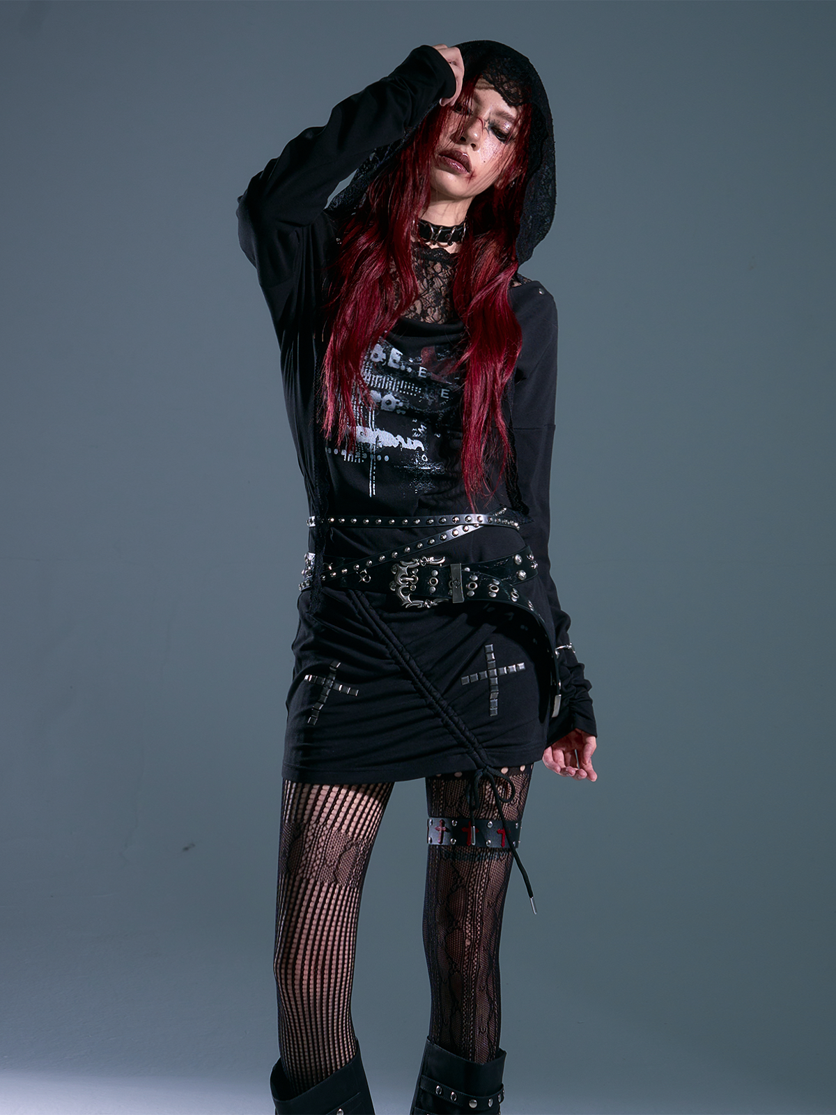 Punk Rock Lace Hoodie Dress with Print