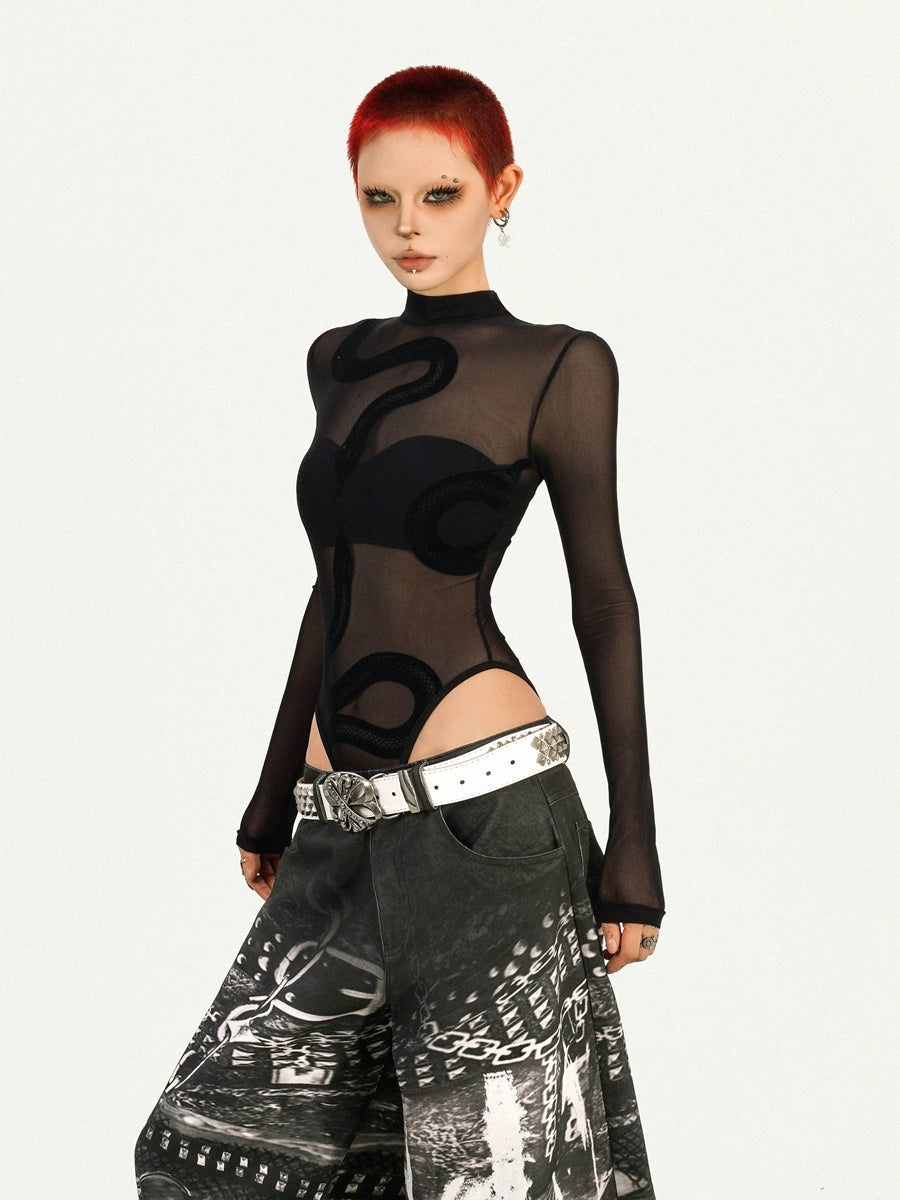 Unleash your futuristic allure with Sanhoostudio’s Cyberpunk Sheer Mesh Bodysuit. Designed with see-through black fabric and a slim fit silhouette, it delivers bold confidence and edgy street charm for modern girls.