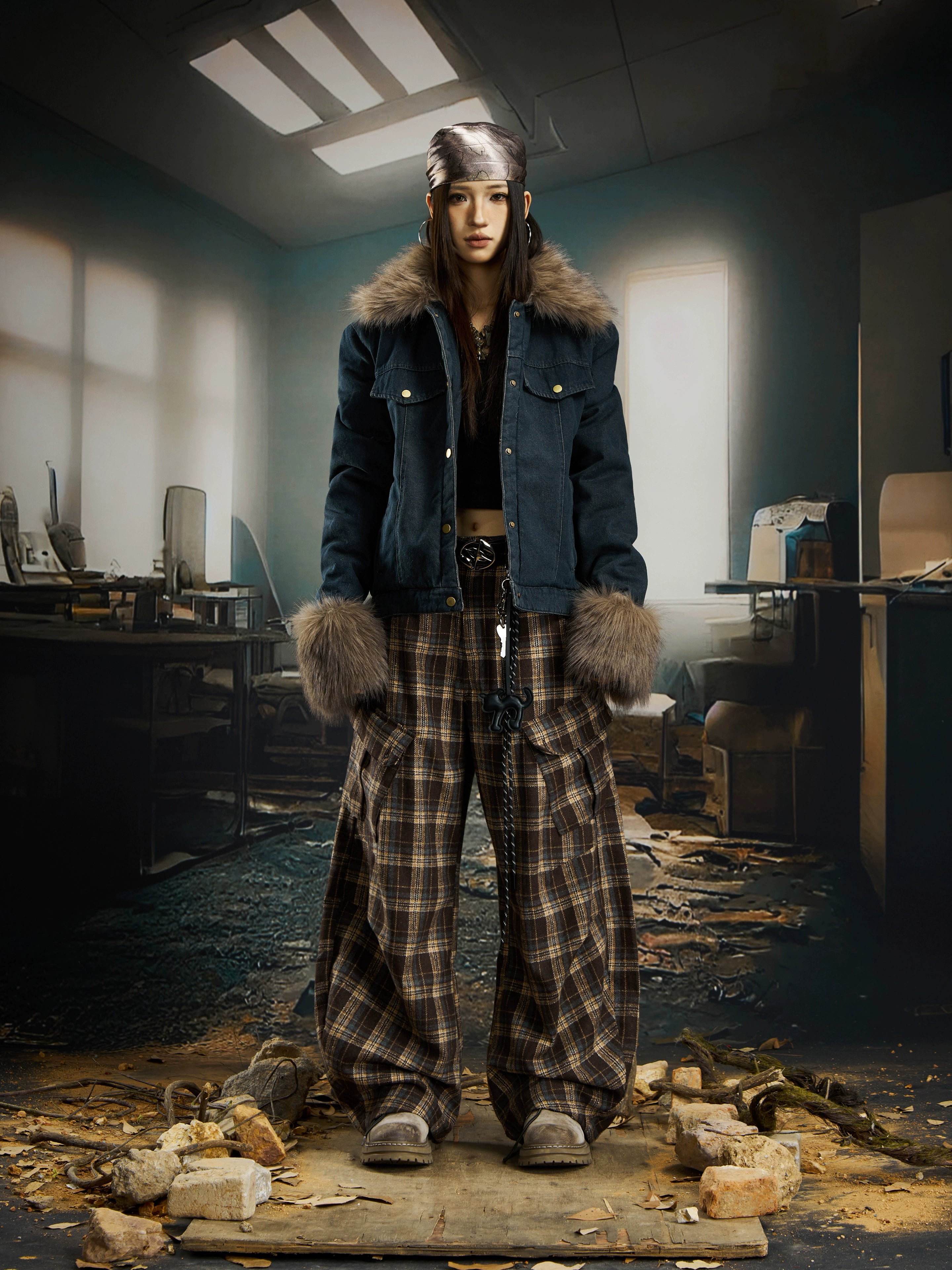 Short Denim Puffer Jacket with Fur Collar