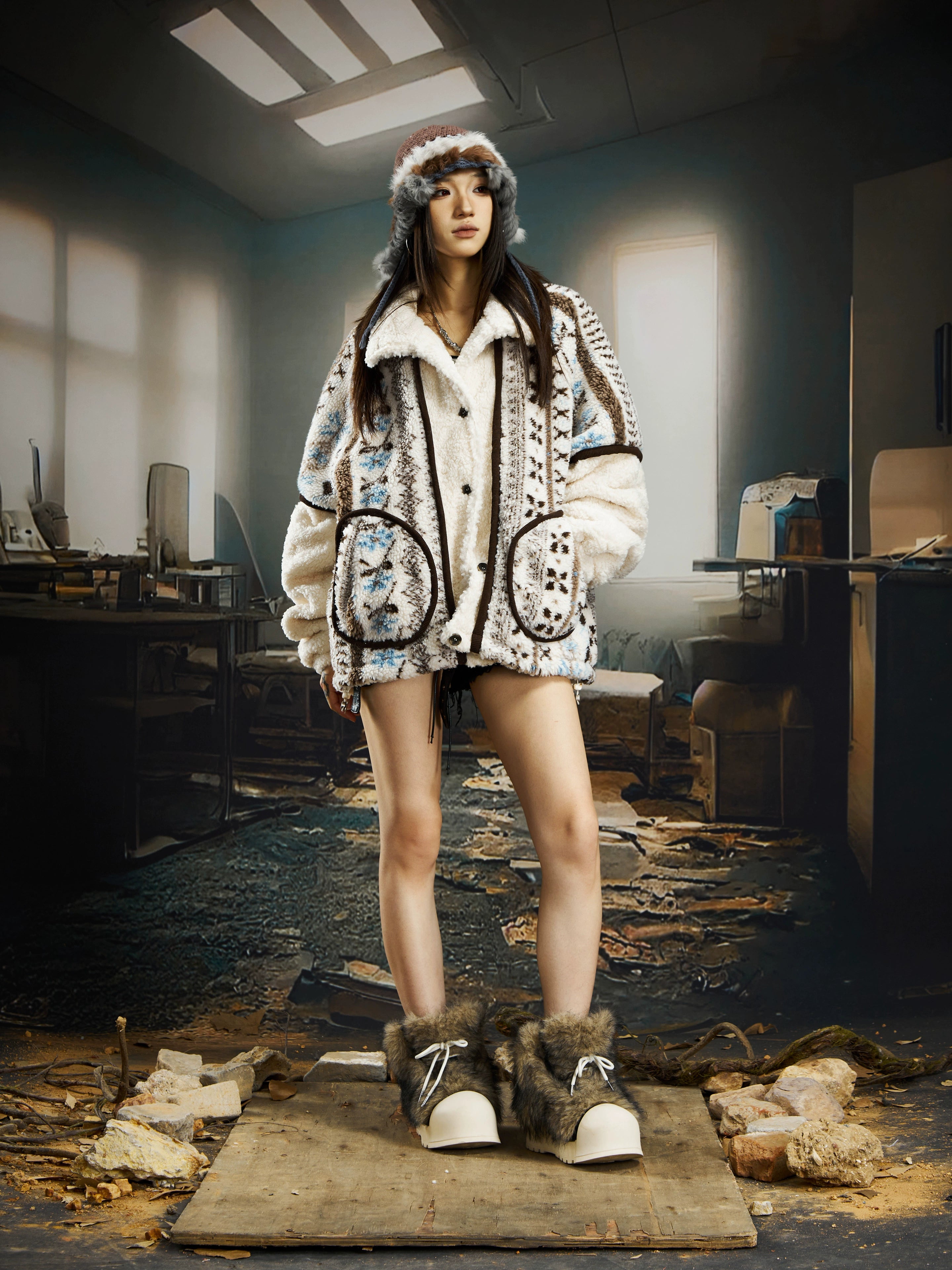 A vintage-inspired oversized sherpa jacket from Sanhoostudio, featuring thick warmth, soft texture, and a relaxed silhouette for cozy winter streetwear styling.