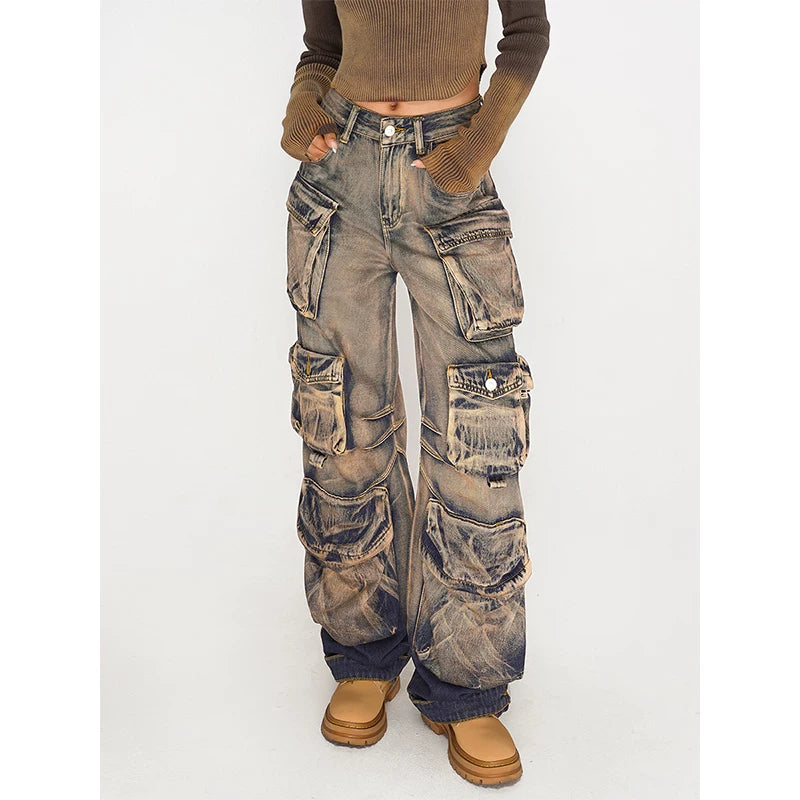 Sanhoostudio cargo denim pants featuring heavy washing, distressed finish, and multi-pocket design. Inspired by American vintage wasteland aesthetics.