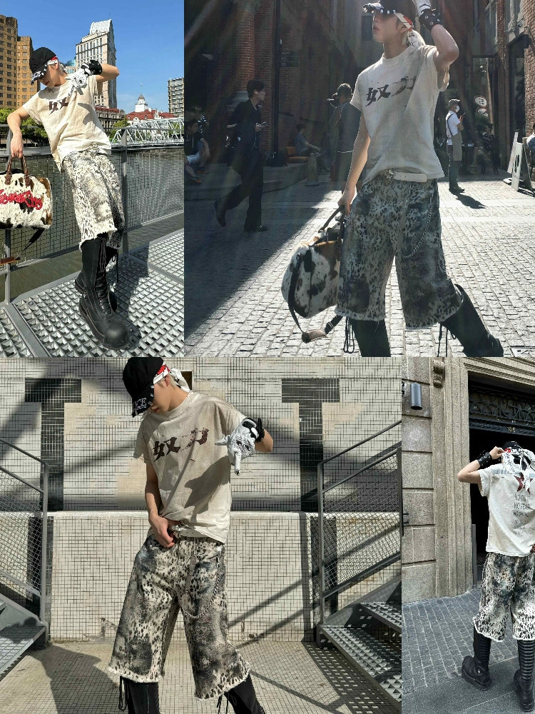 【25s Sep.】White Leopard Print Gem Stud Digital Shorts