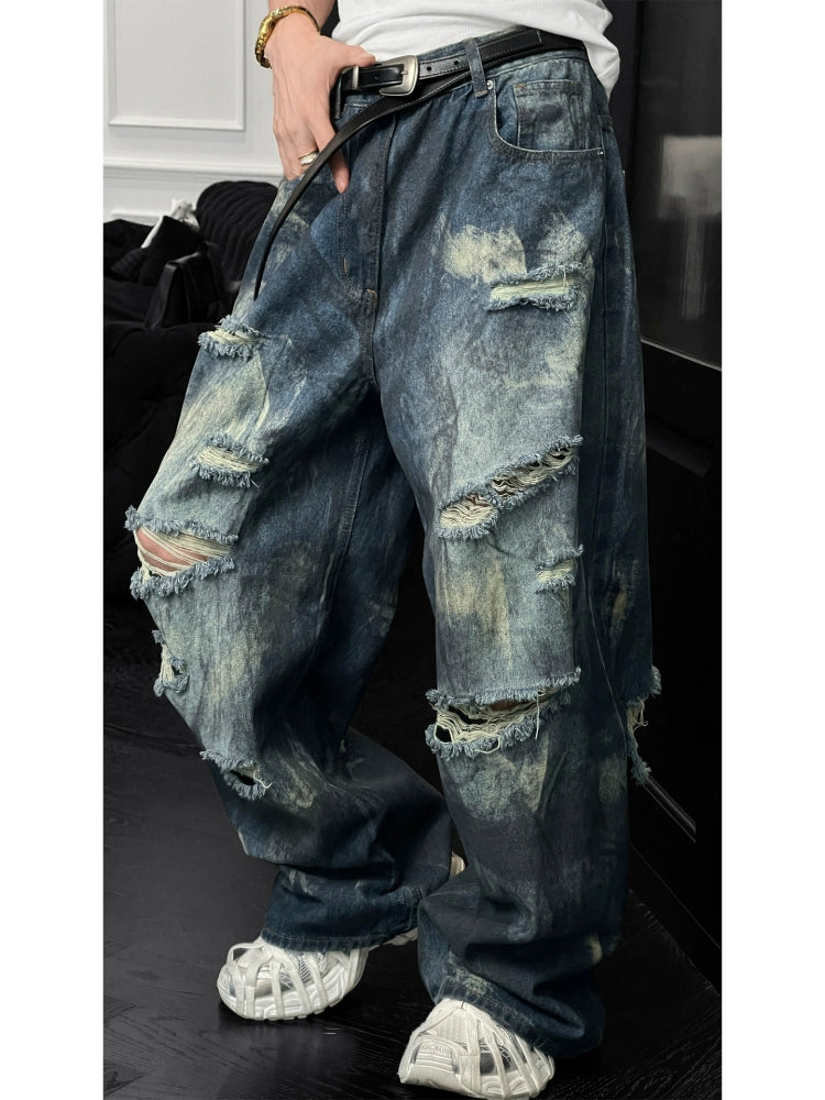 Distressed Washed Wide-Leg Denim Trousers
