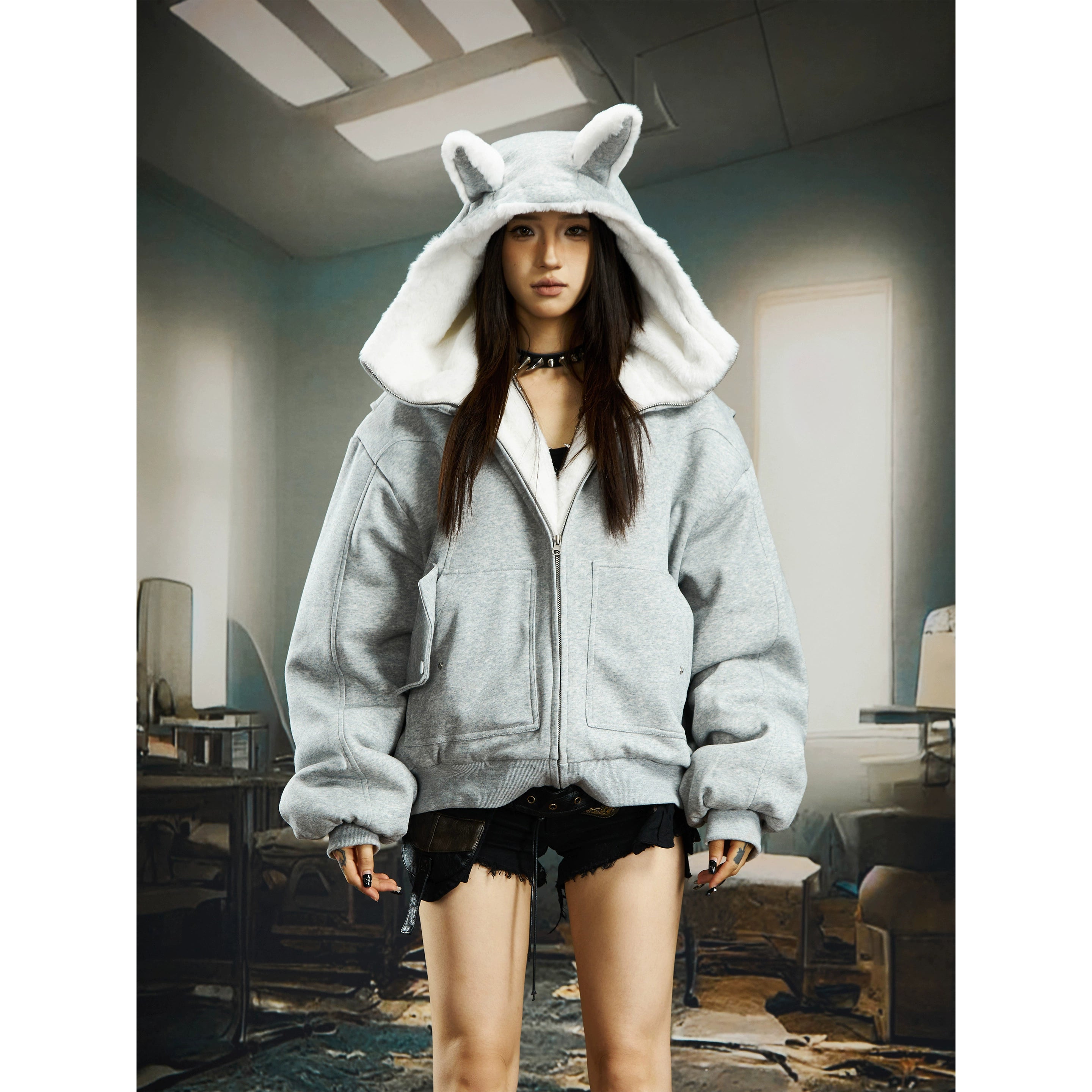 Vintage Bunny-Ear Hooded Sweatshirt Puffer Jacket