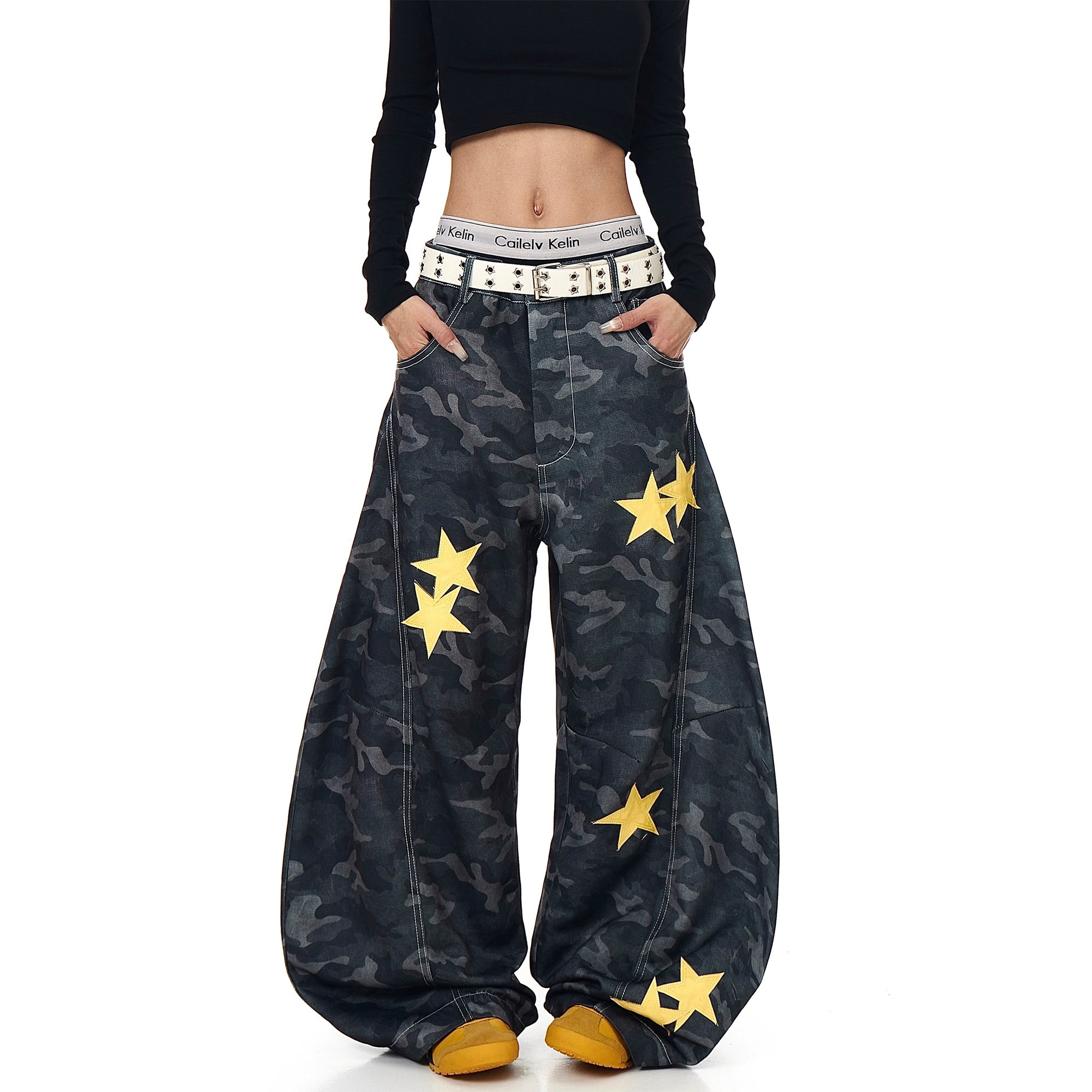 Star Appliqué Embroidered Camo Wide-Leg Pants