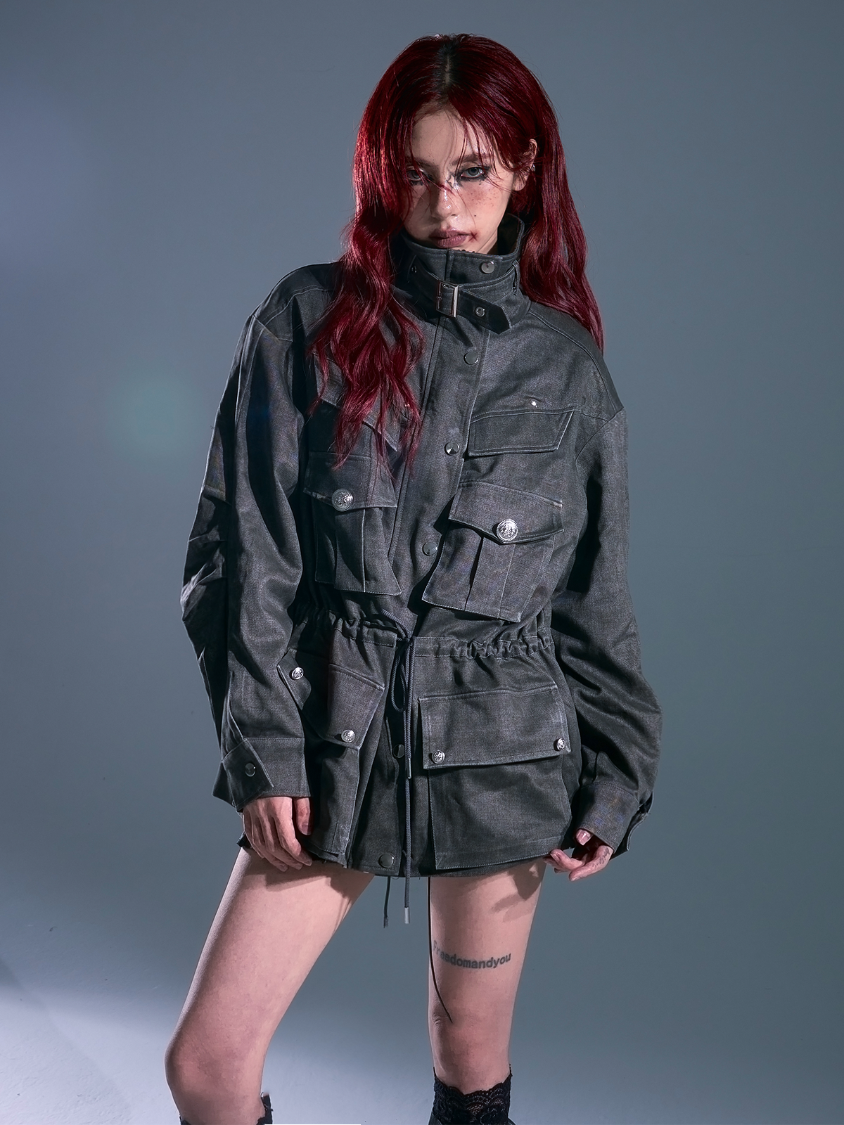 Vintage Washed Utility Jacket with Drawstring