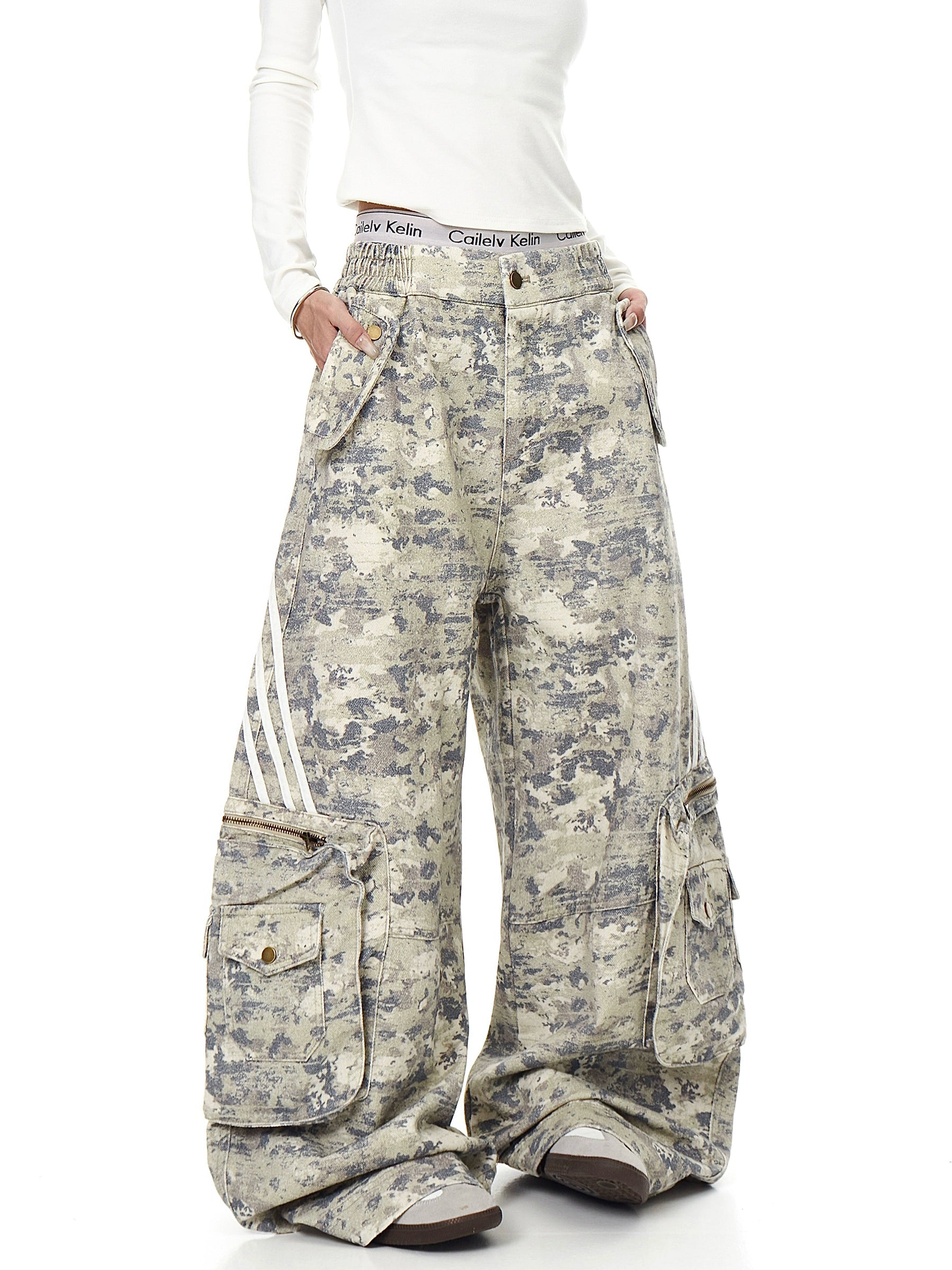 Vintage Striped Multi-Pocket Camo Cargo Pants