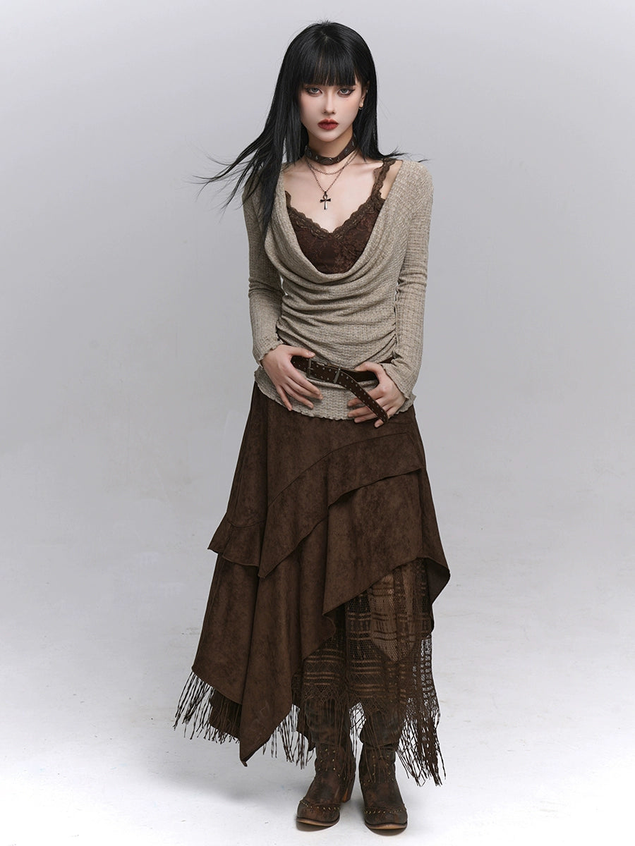 Brown Suede A-Line Maxi Skirt