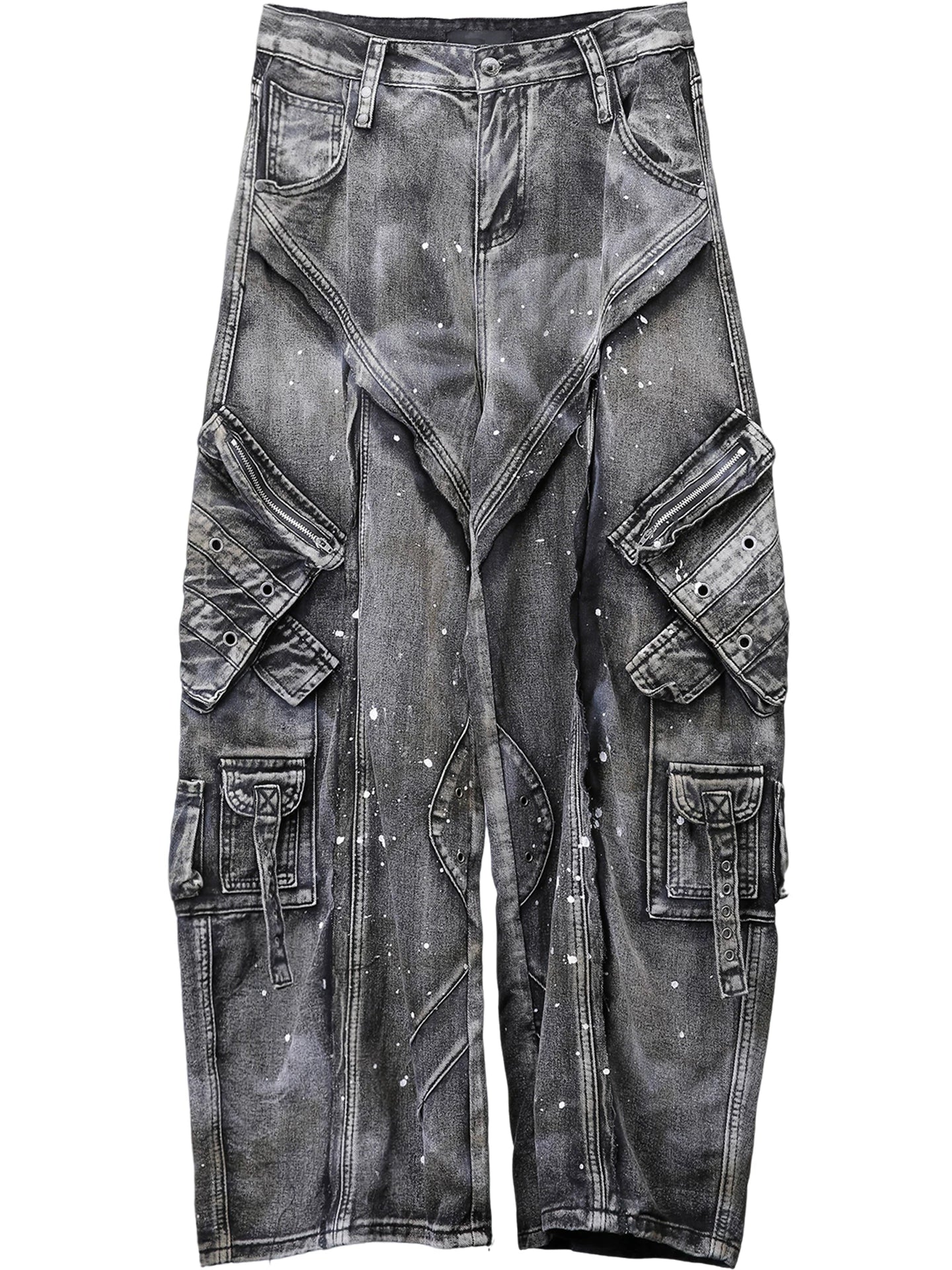 Sanhoostudio denim pants featuring paint splatter finish, multi-pocket design, and wide leg silhouette. Built for bold streetwear styling with a rugged aesthetic, functional details, and comfortable everyday wear.