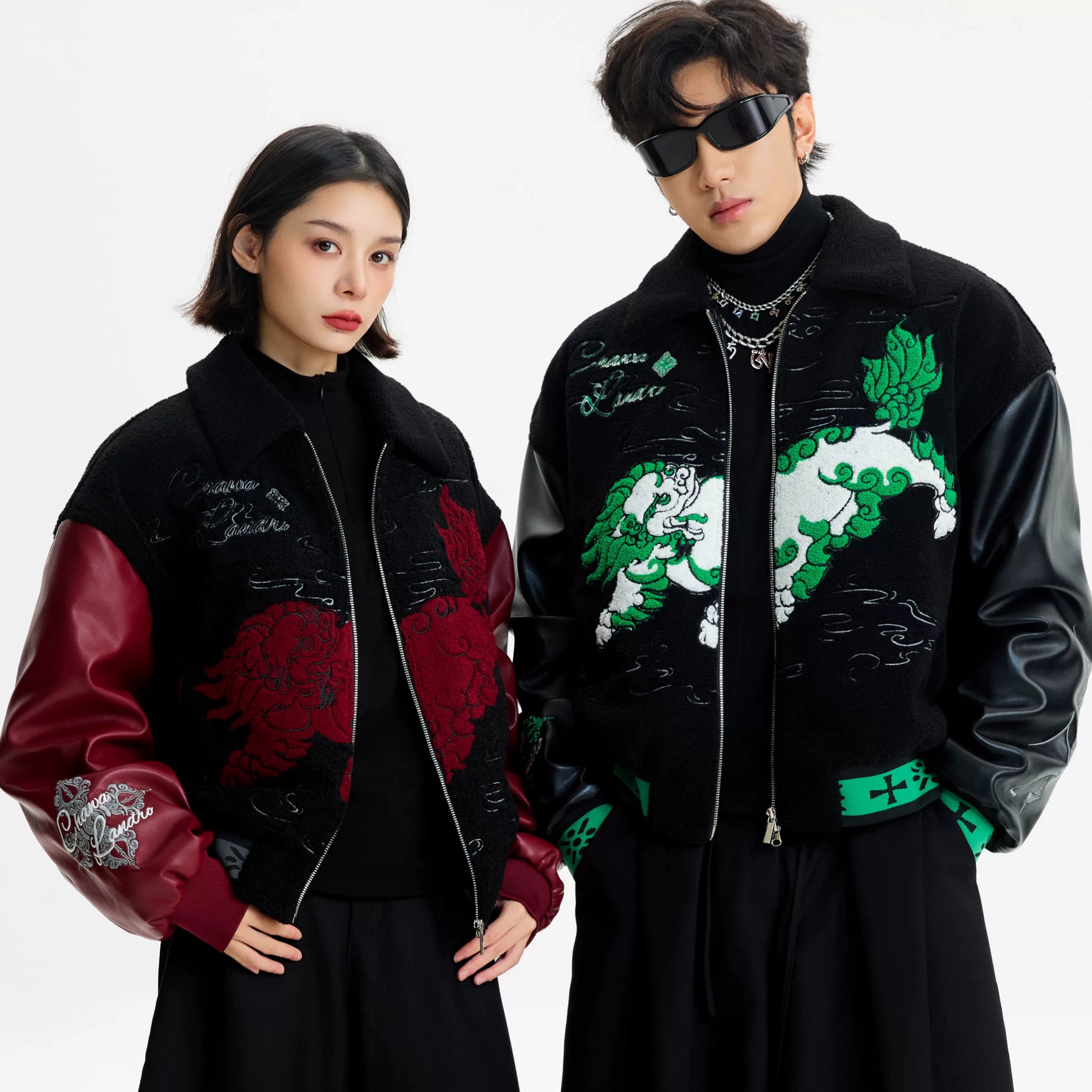 Sanhoostudio zip-up leather jacket with sherpa lining for warmth. Designed for unisex winter streetwear and comfort.