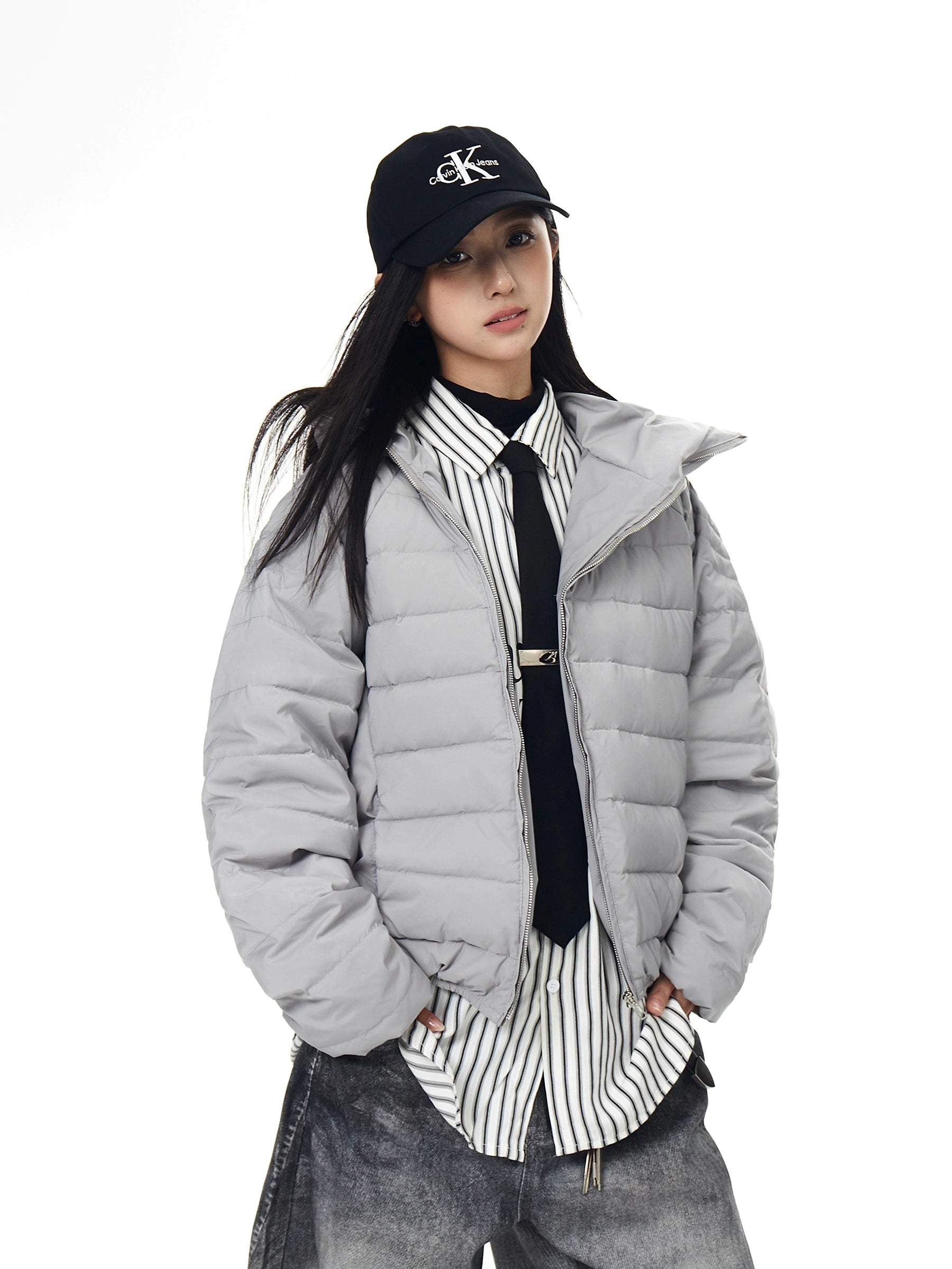 Asymmetric-Zip Tech Ribbed Down Parka