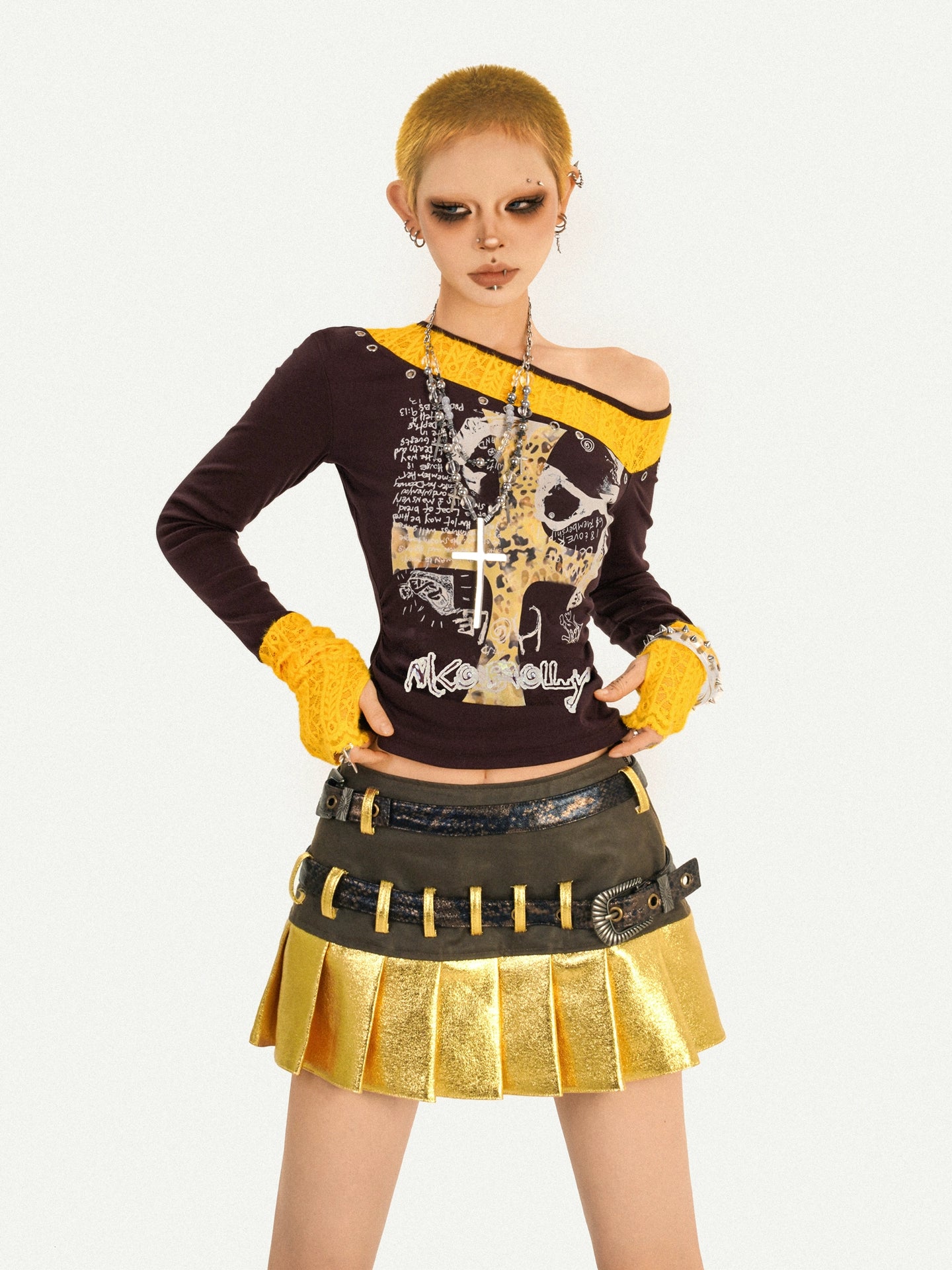 Vintage Lace Patchwork Long-Sleeve Y2K Slim Top Set